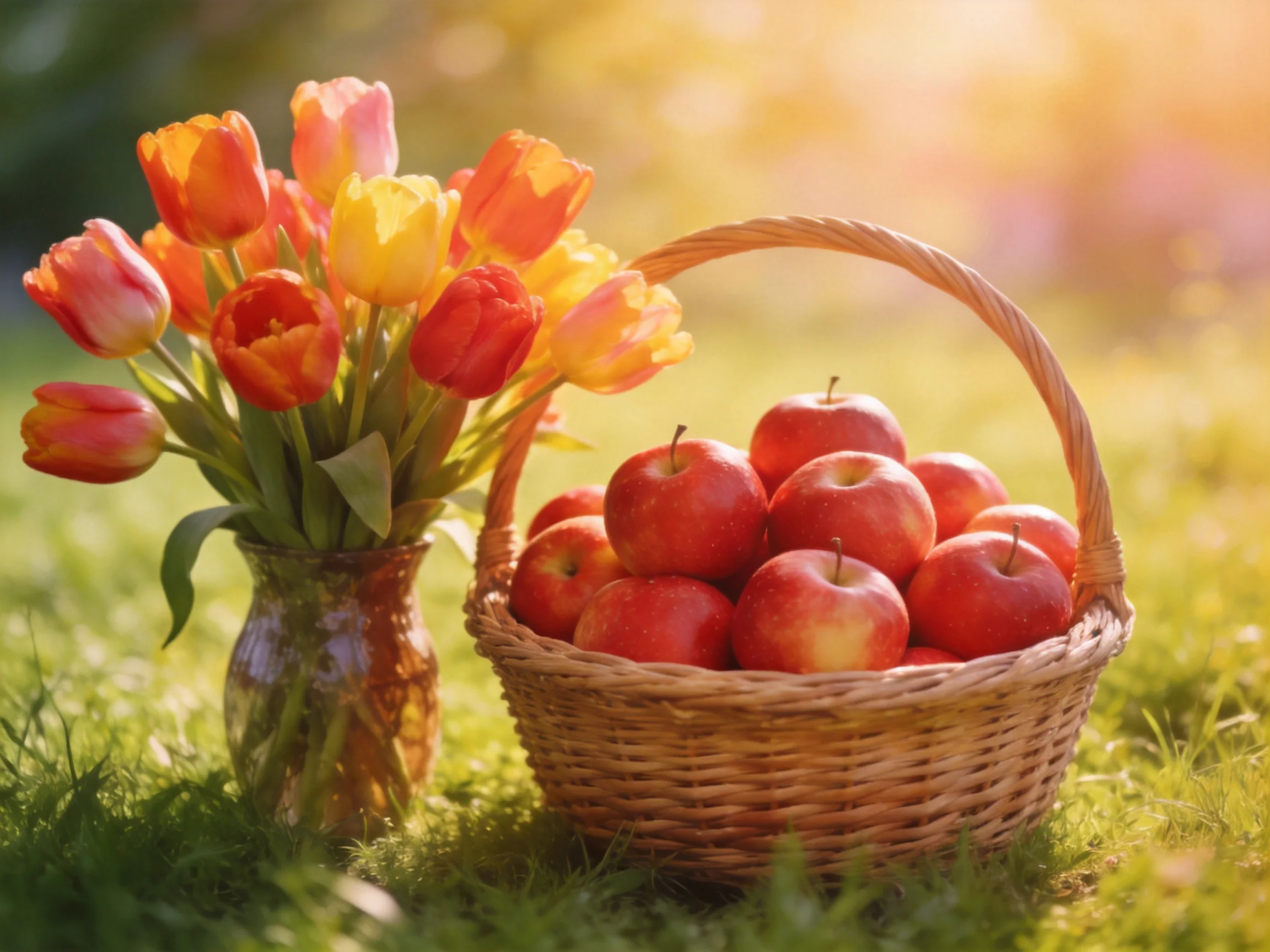 A basket of red apples beside a vase with colorful tulips on grass