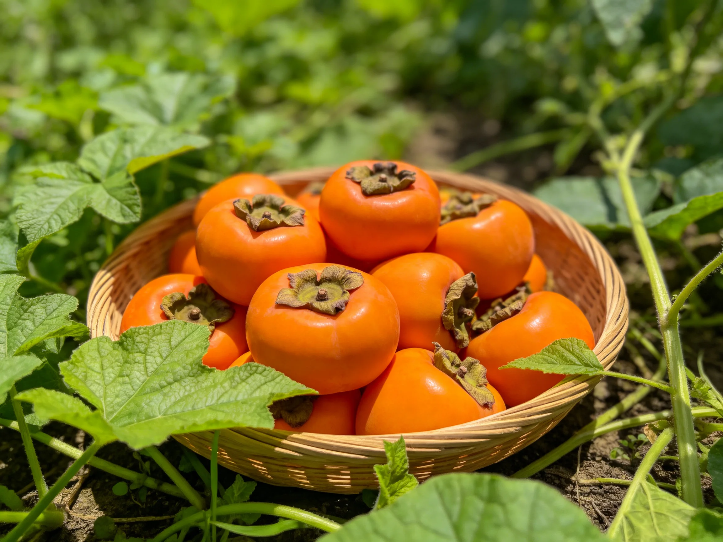 A basket of vibrant orange persimmons surrounded by lush greenery