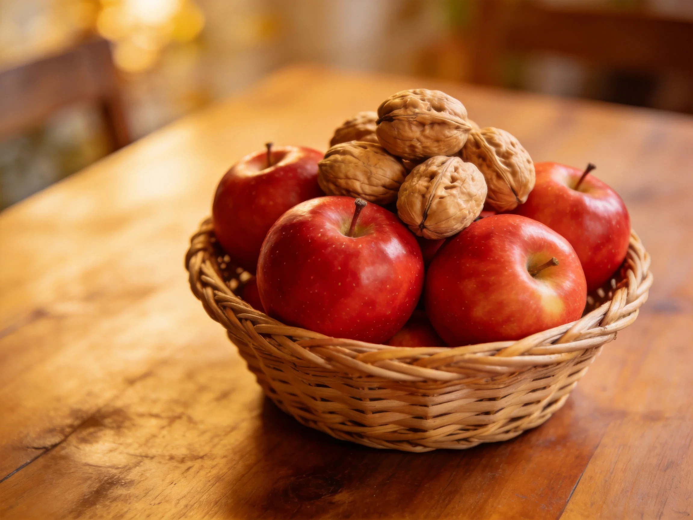 A basket of vibrant red apples and walnuts on a wooden table