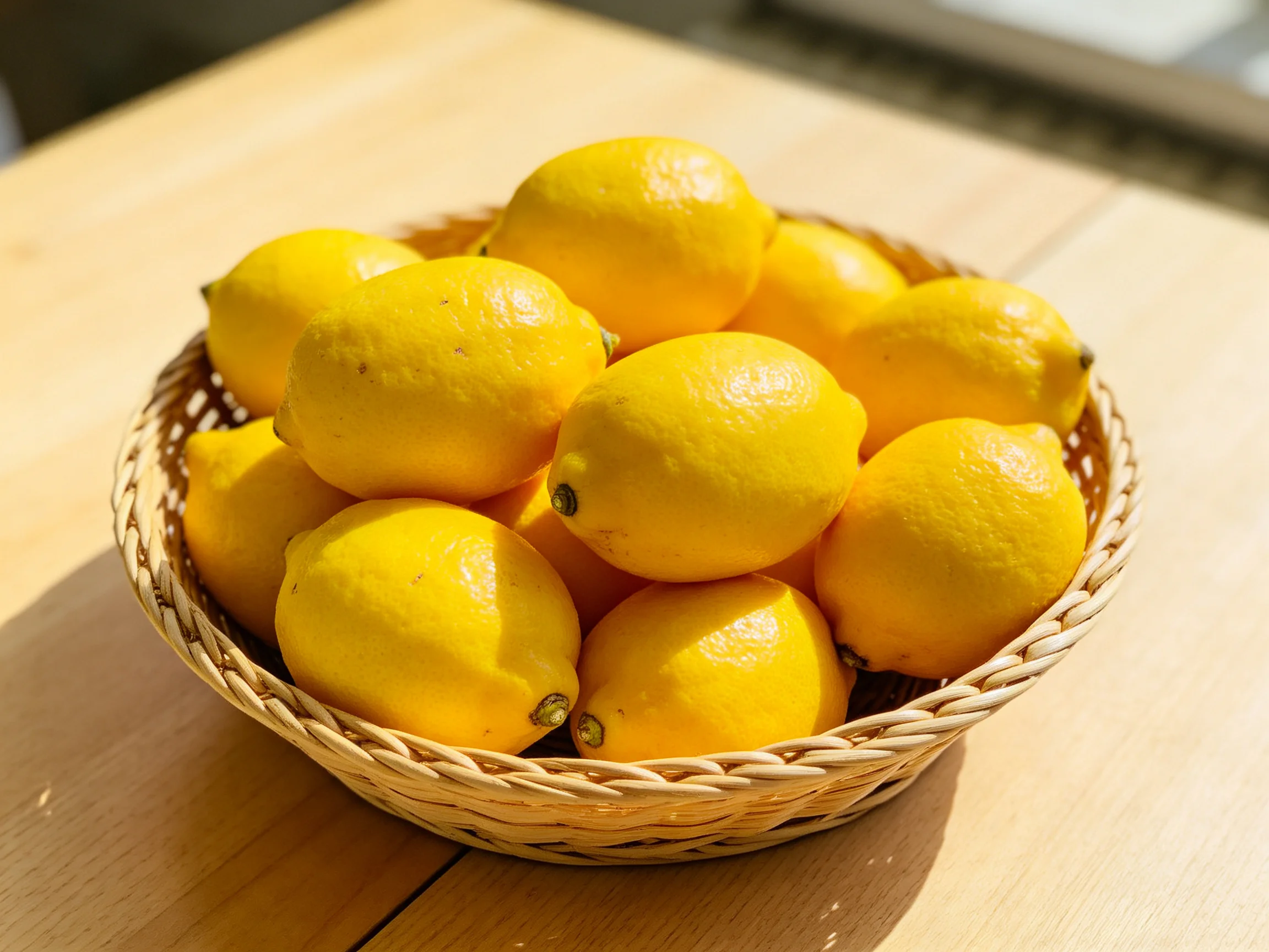 A basket overflowing with bright yellow lemons on a wooden table
