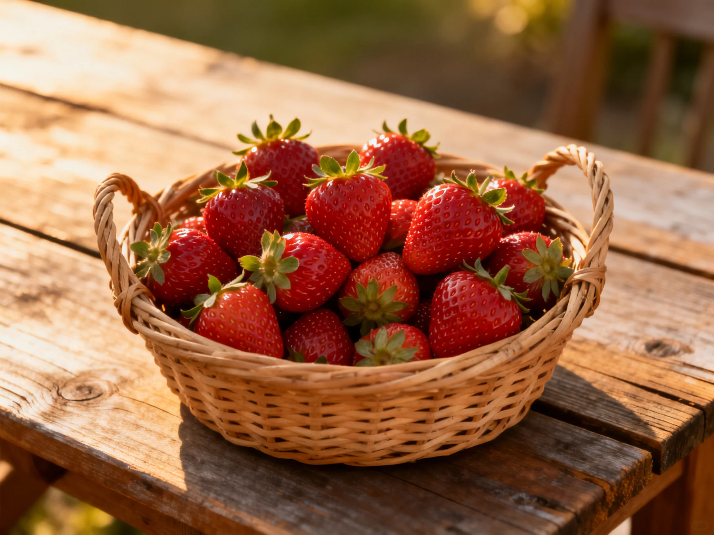 A basket overflowing with vibrant red strawberries on a wooden table