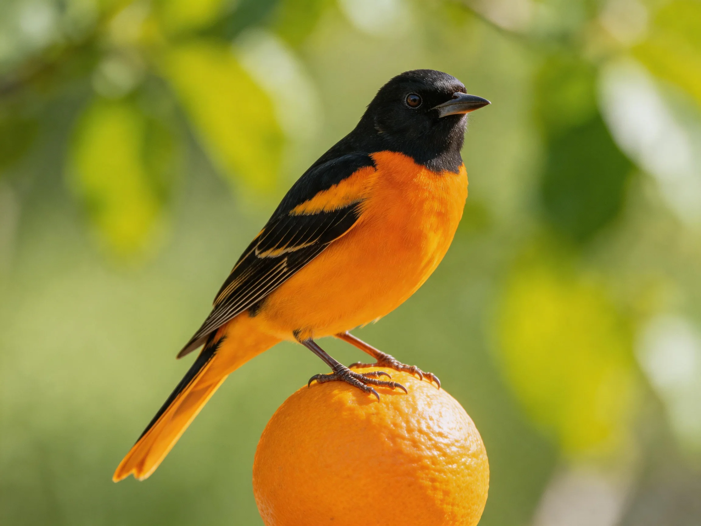 A black and orange bird perches on a bright orange fruit