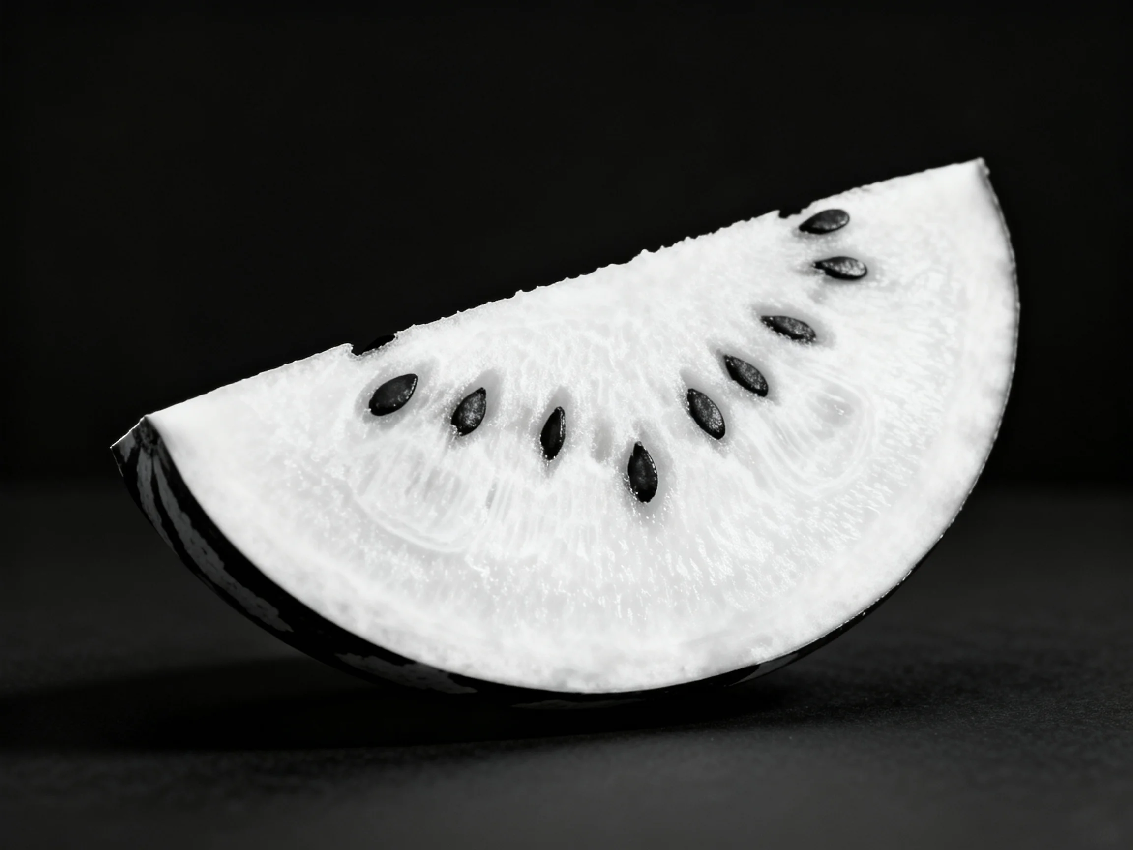 A black and white slice of watermelon with dark seeds and glossy rind