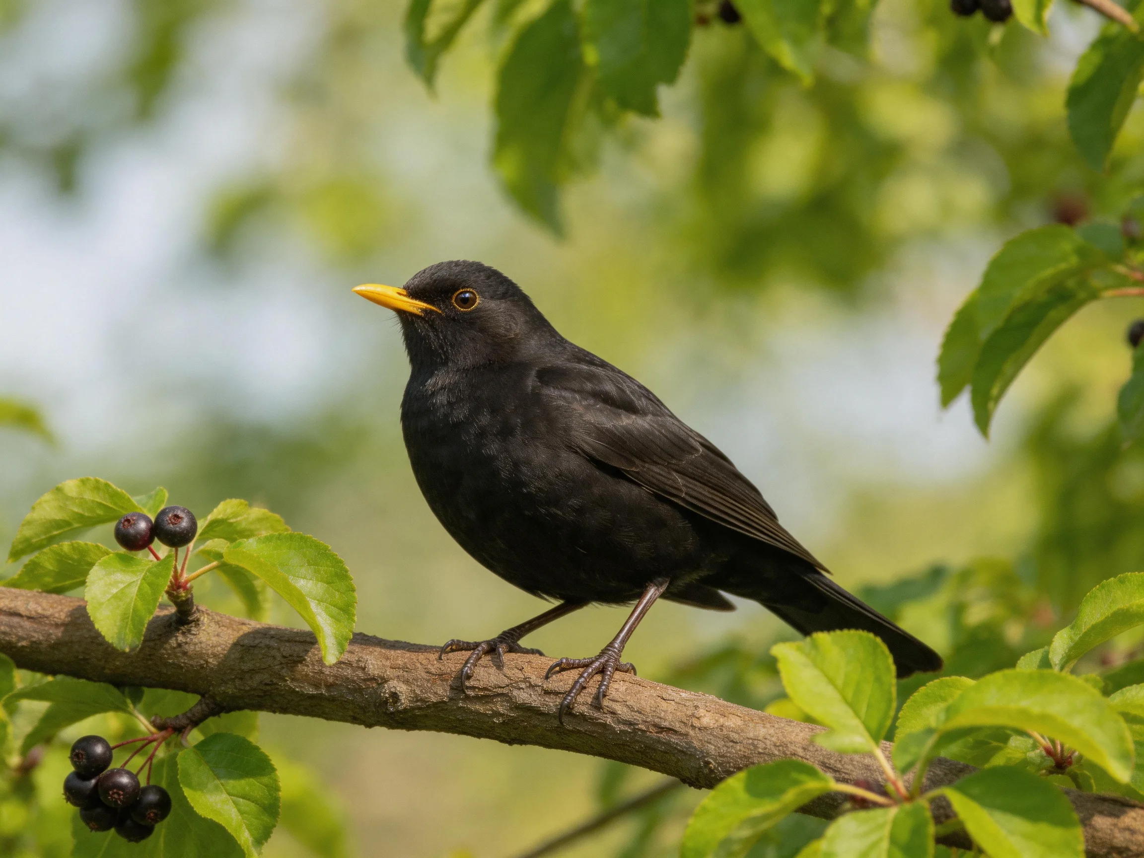 A black bird with a yellow beak perches on a leafy branch with dark berries