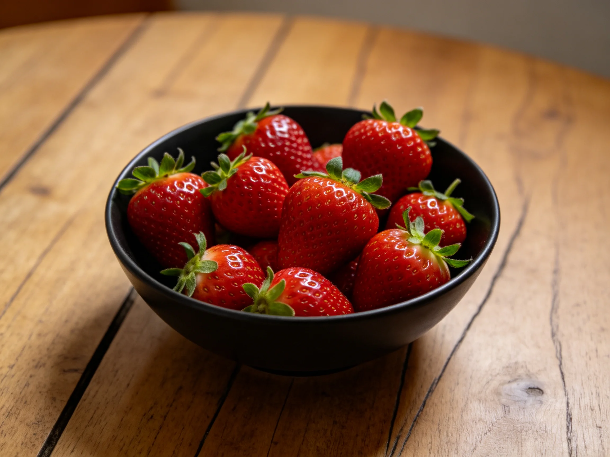 A black bowl brimming with bright red strawberries on a wooden table