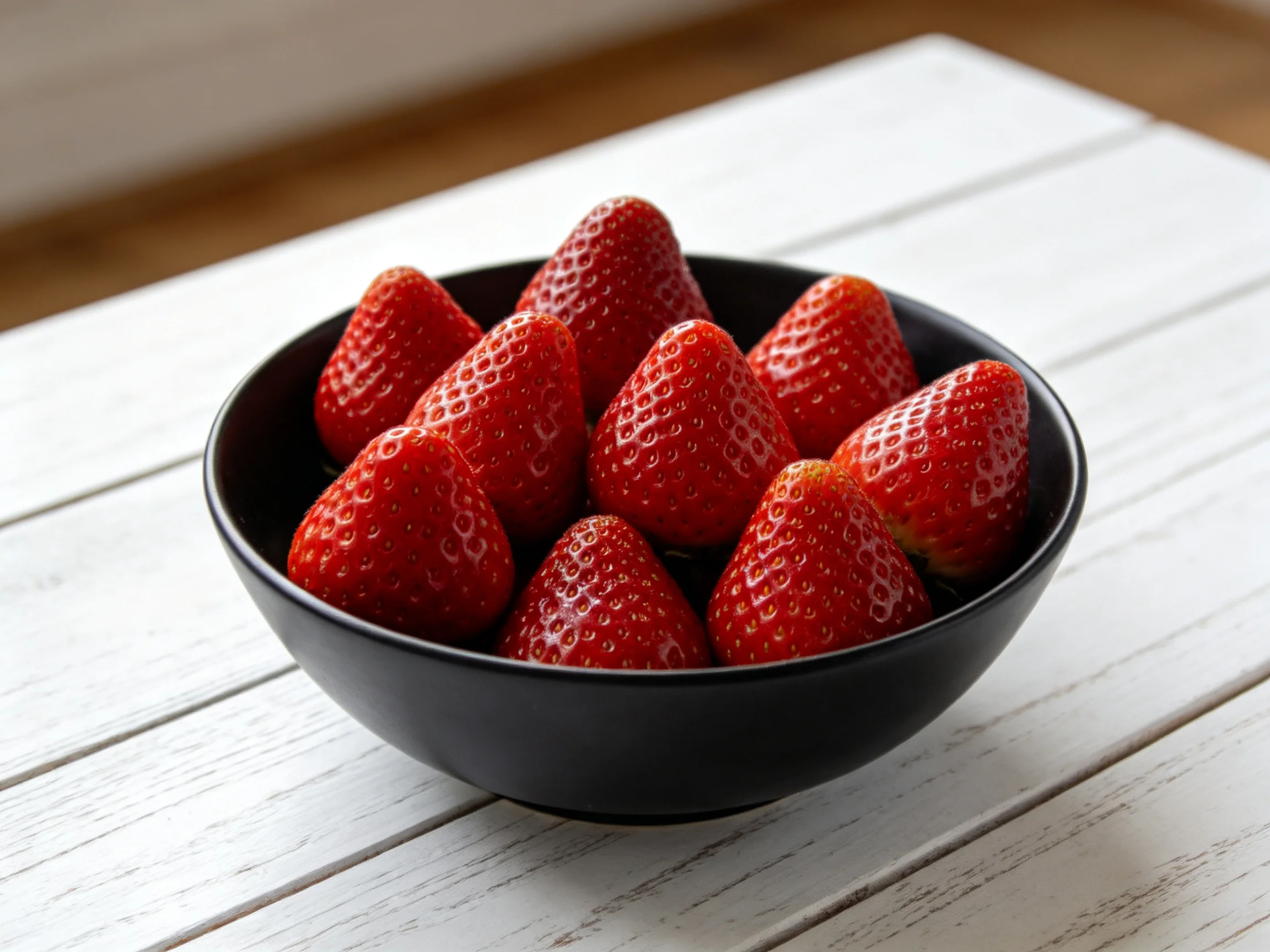 A black bowl filled with fresh red strawberries on a white wooden table