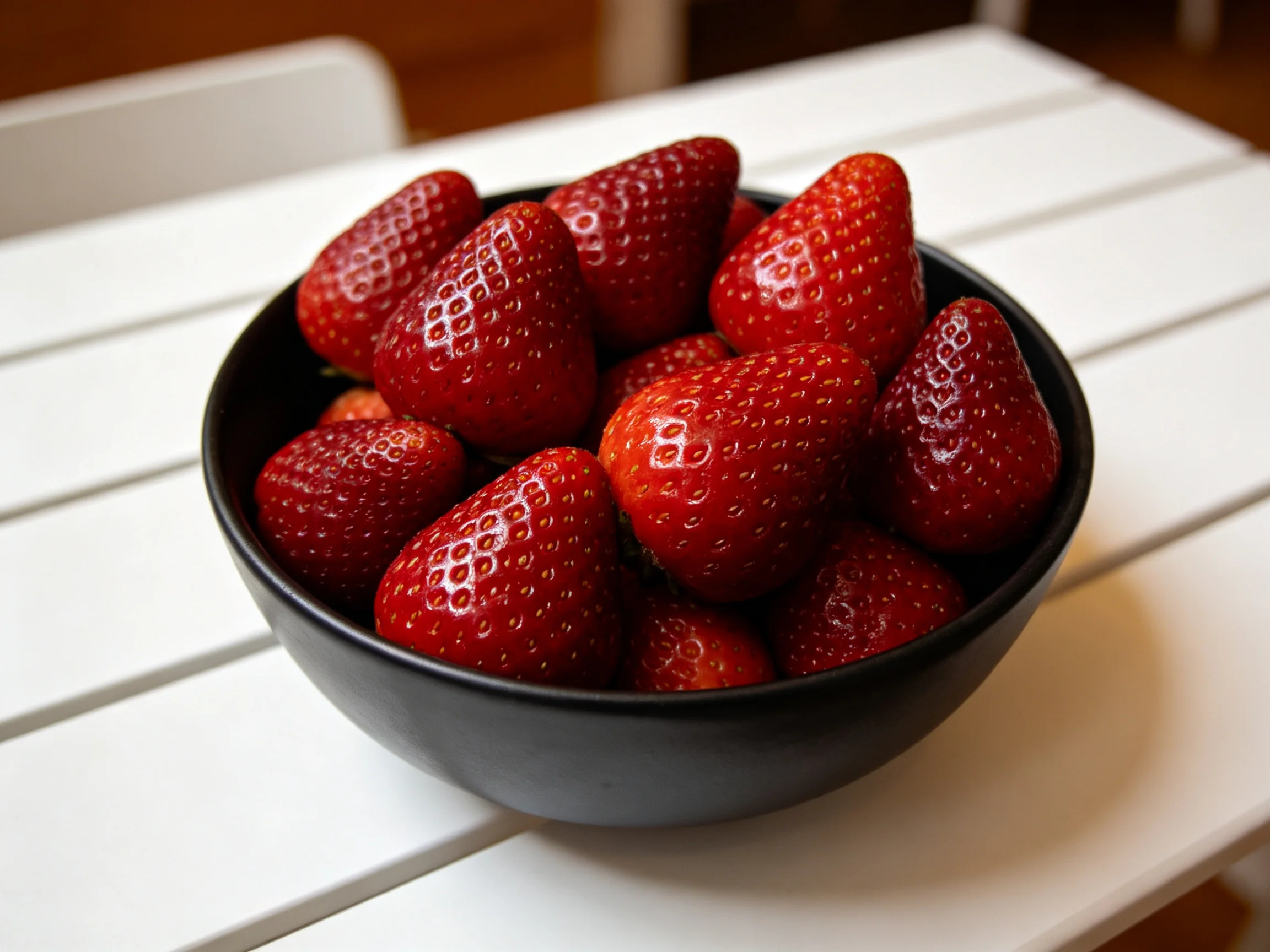 A black bowl filled with ripe red strawberries on a white slatted table