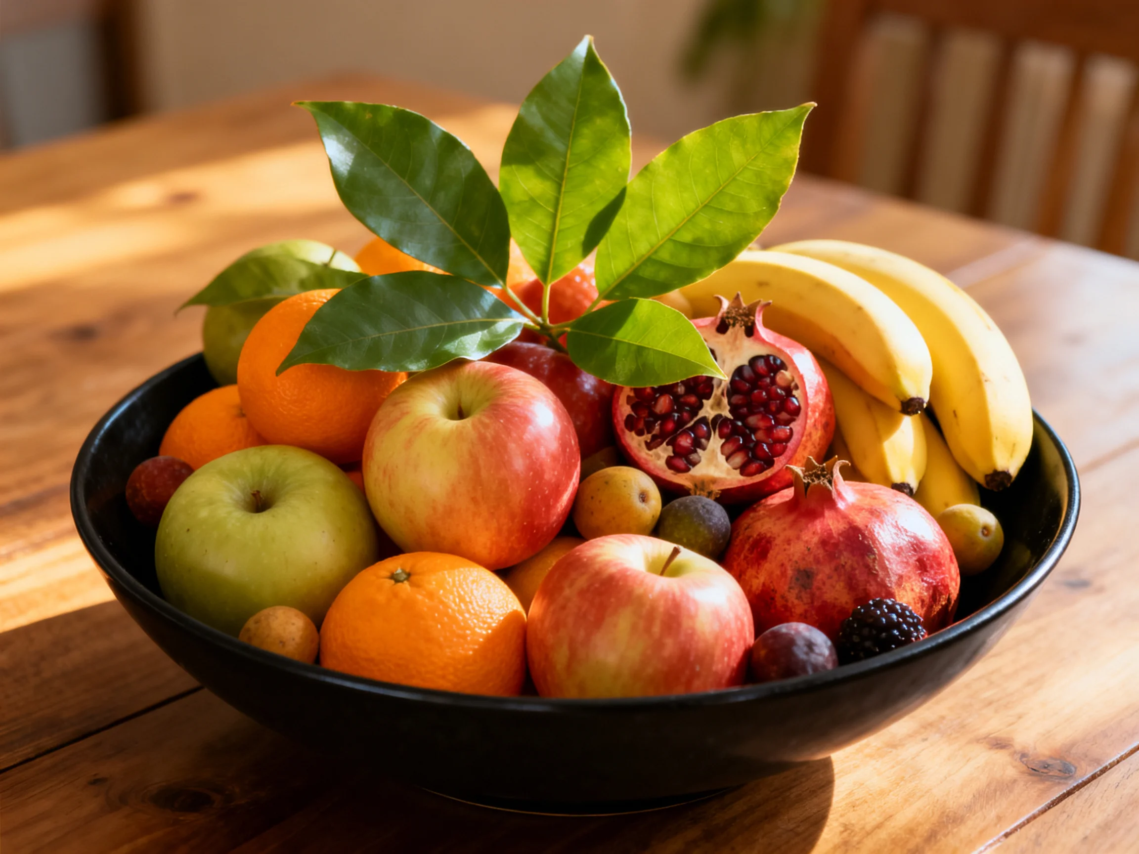 A black bowl holds assorted colorful fruits including apples, bananas, and pomegranates