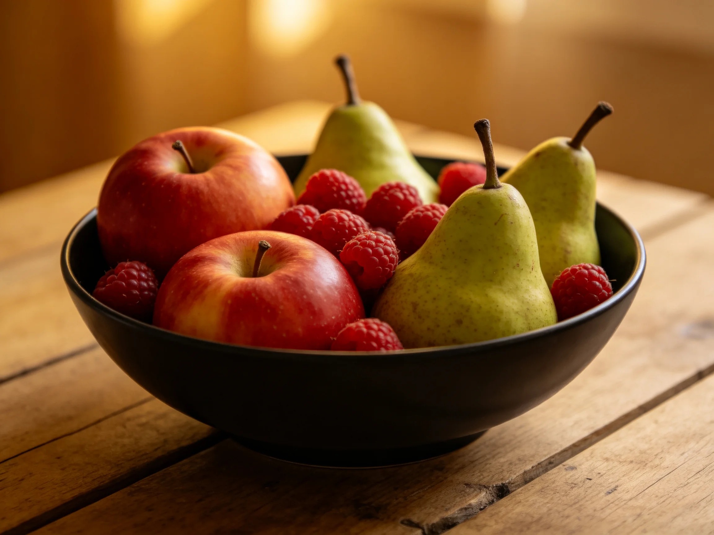 A black bowl holds red apples, green pears, and raspberries on a wooden table