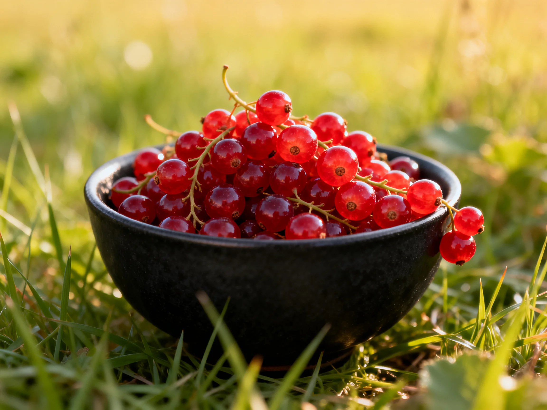 A black bowl overflowing with glossy red currants on green grass