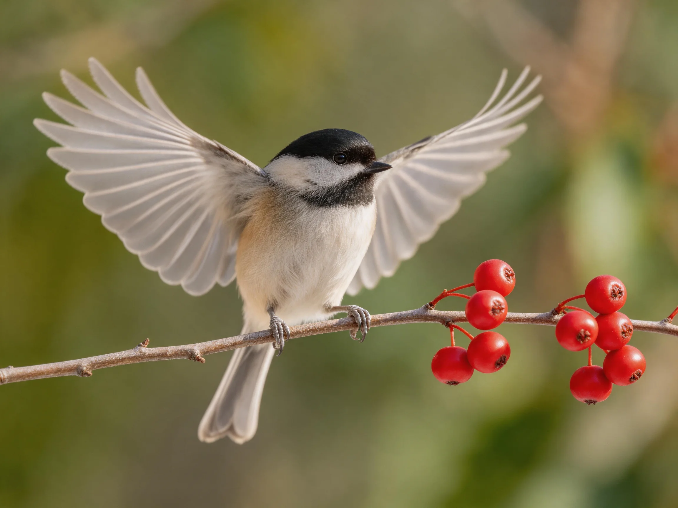 A black-capped chickadee perched near clusters of bright red berries