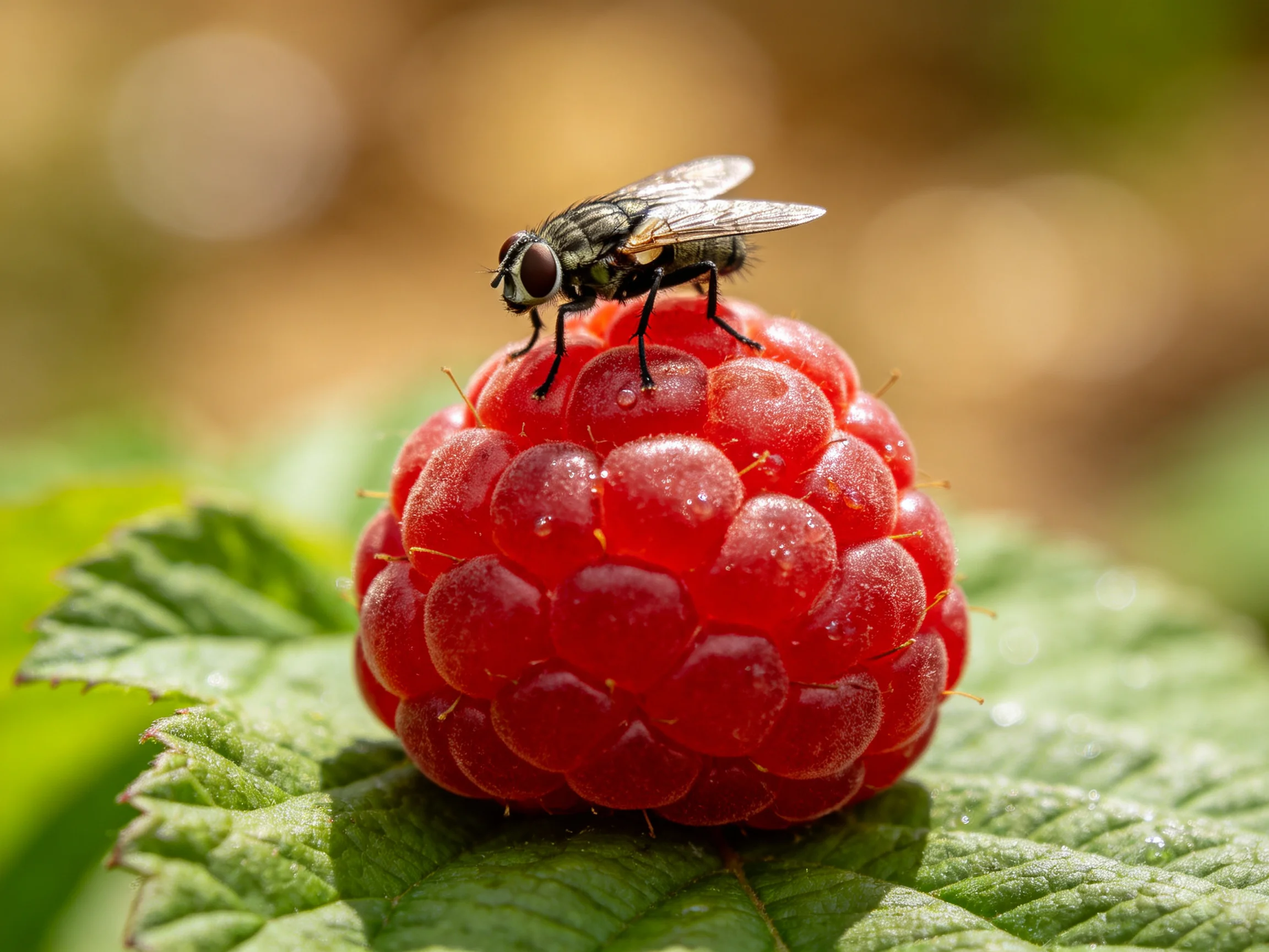 A black fly perched atop a vibrant red raspberry