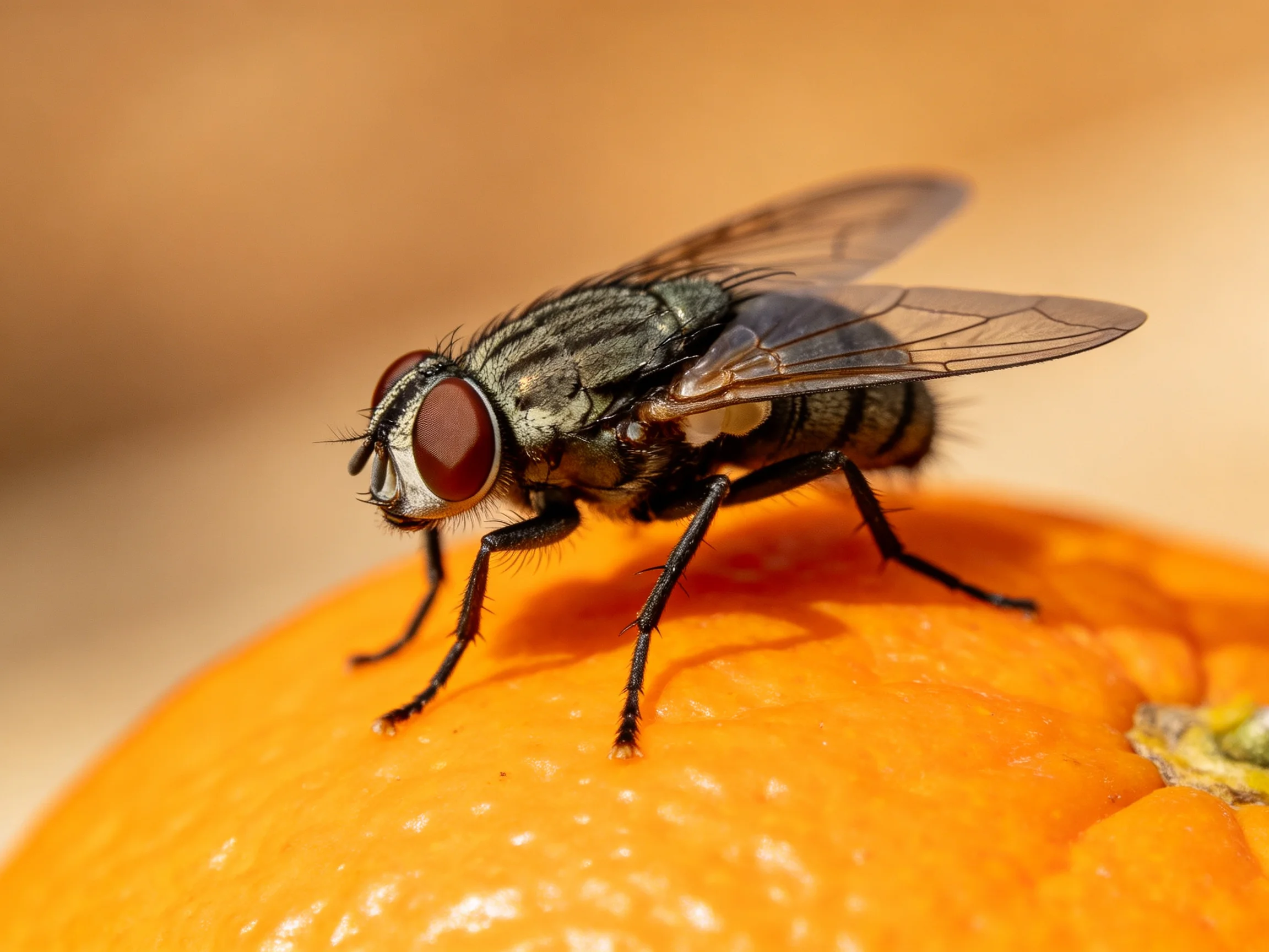 A black fly with large reddish-brown eyes perches on a bright orange citrus fruit