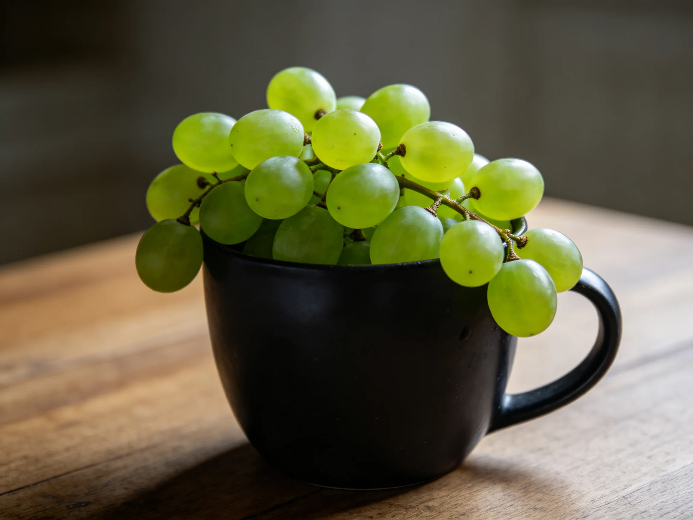 A black mug filled with vibrant green grapes on a wooden surface