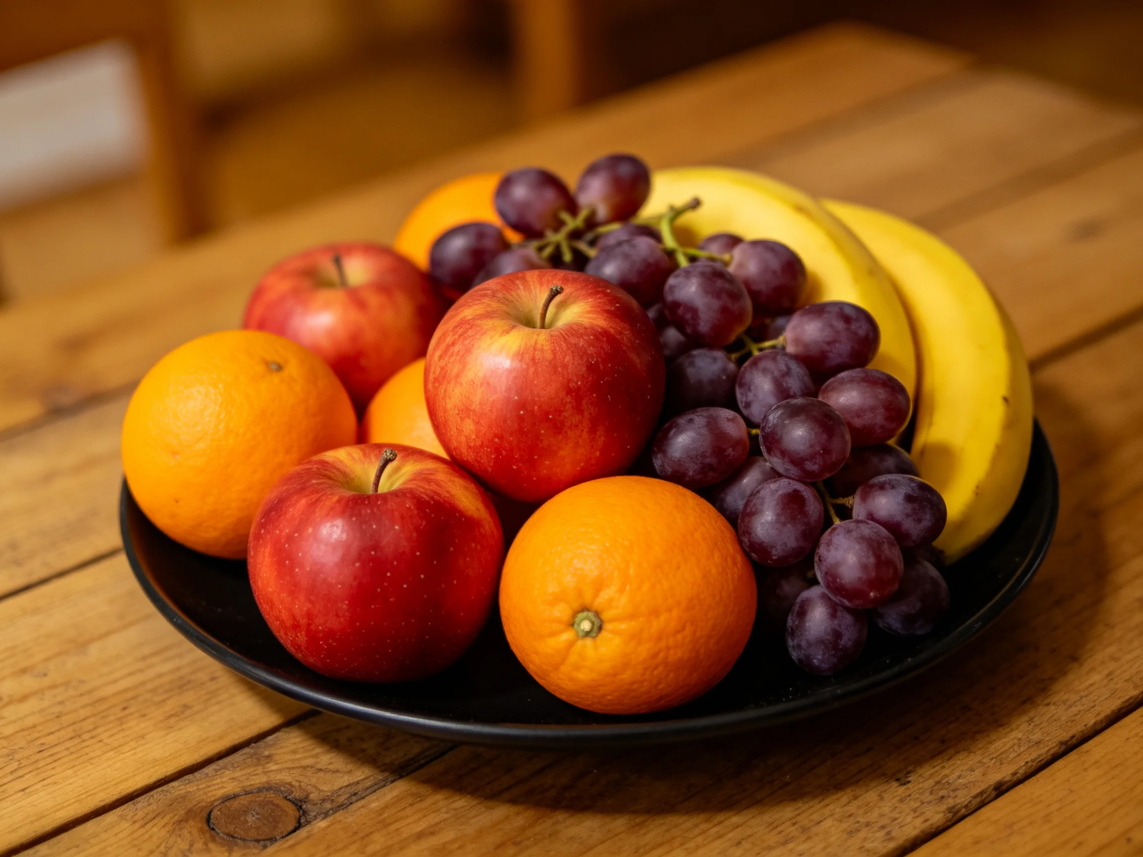 A black plate holds red apples, orange oranges, purple grapes, and yellow bananas