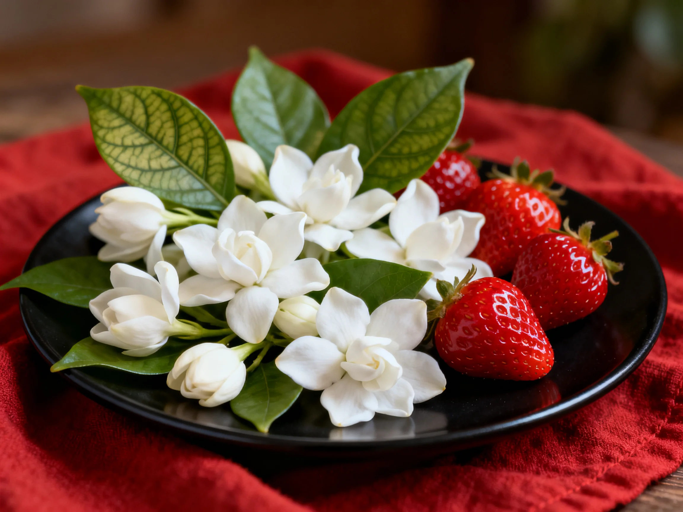 A black plate holds white jasmine blooms and red strawberries on a red cloth.