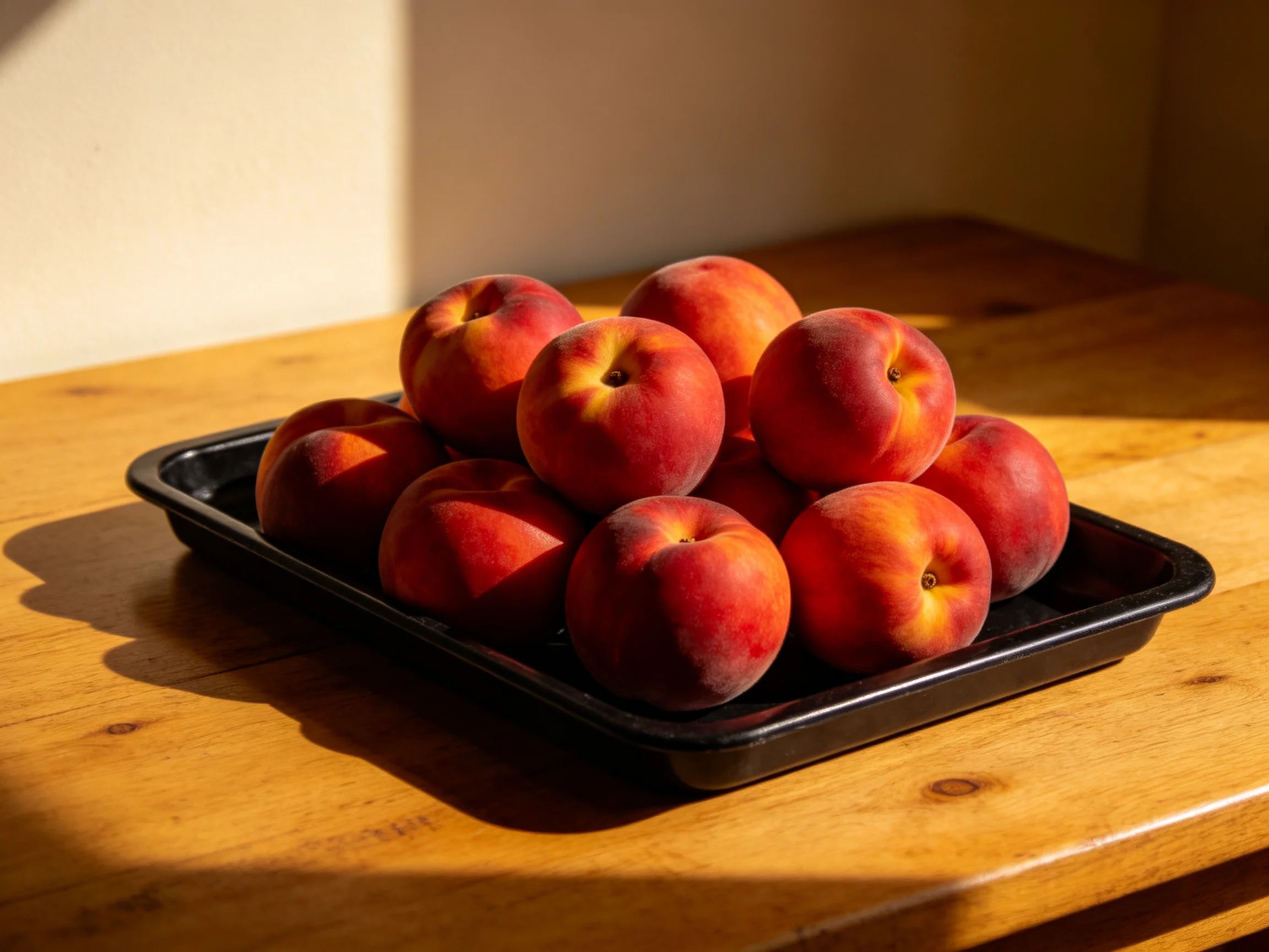 A black tray holds twelve reddish-orange peaches on a wooden table
