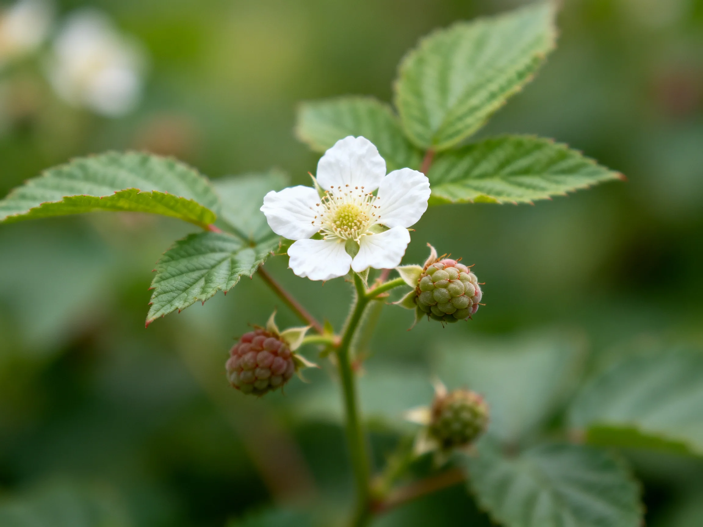 A blackberry plant with a white bloom and unripe berries