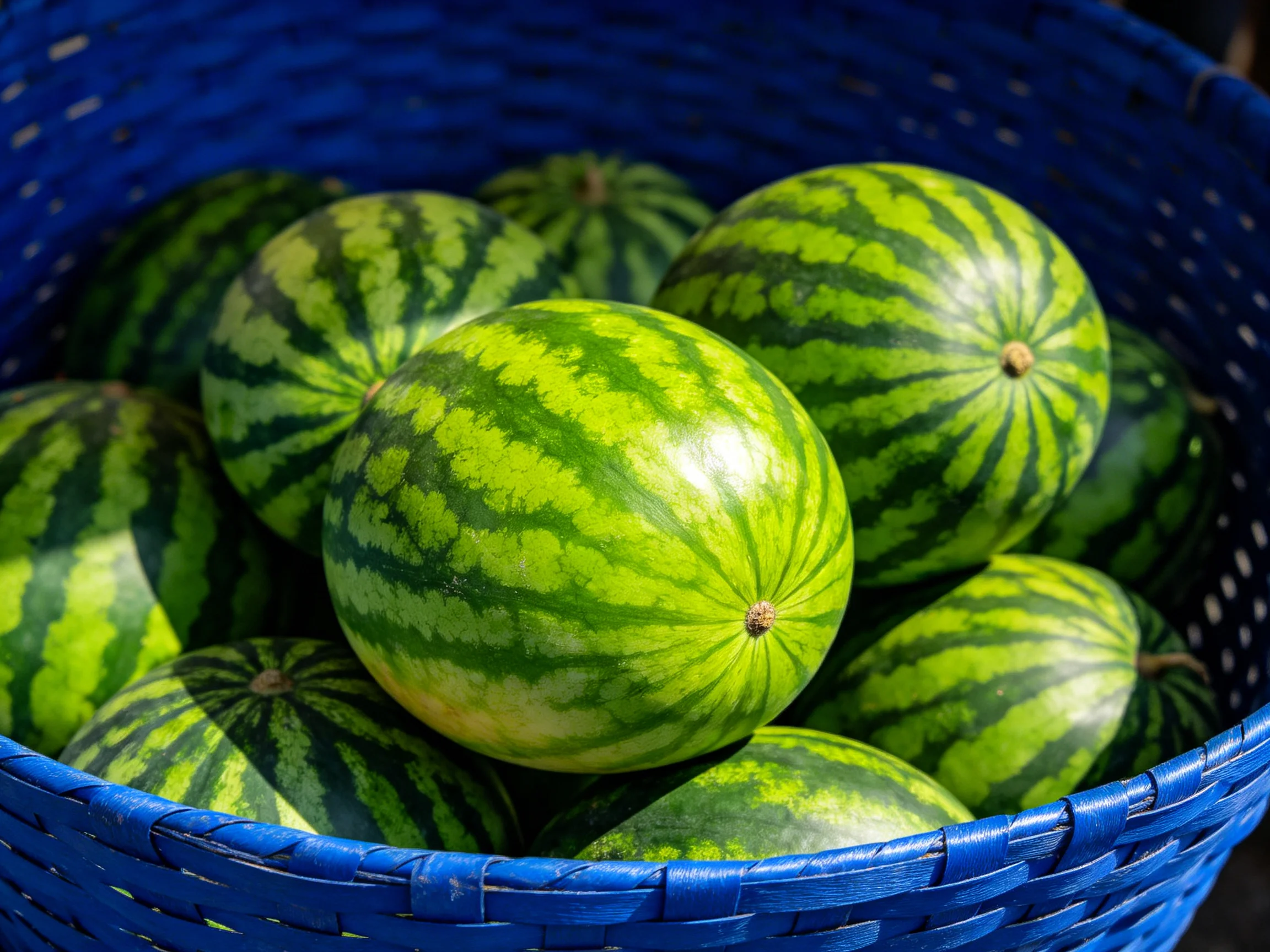 A blue basket brimming with numerous striped green watermelons