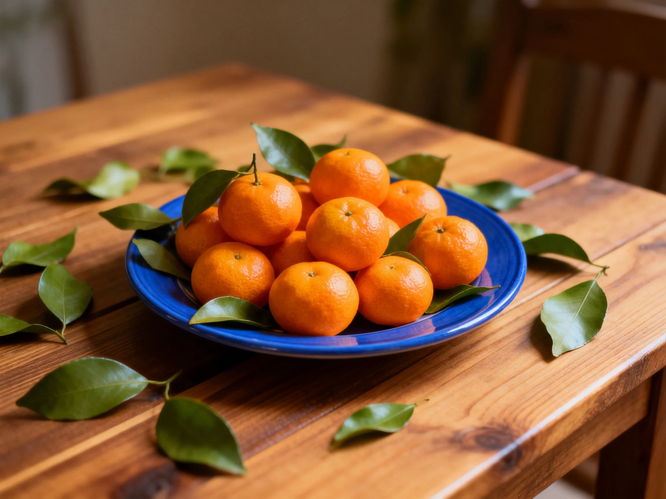 A blue bowl filled with bright orange tangerines on a wooden table