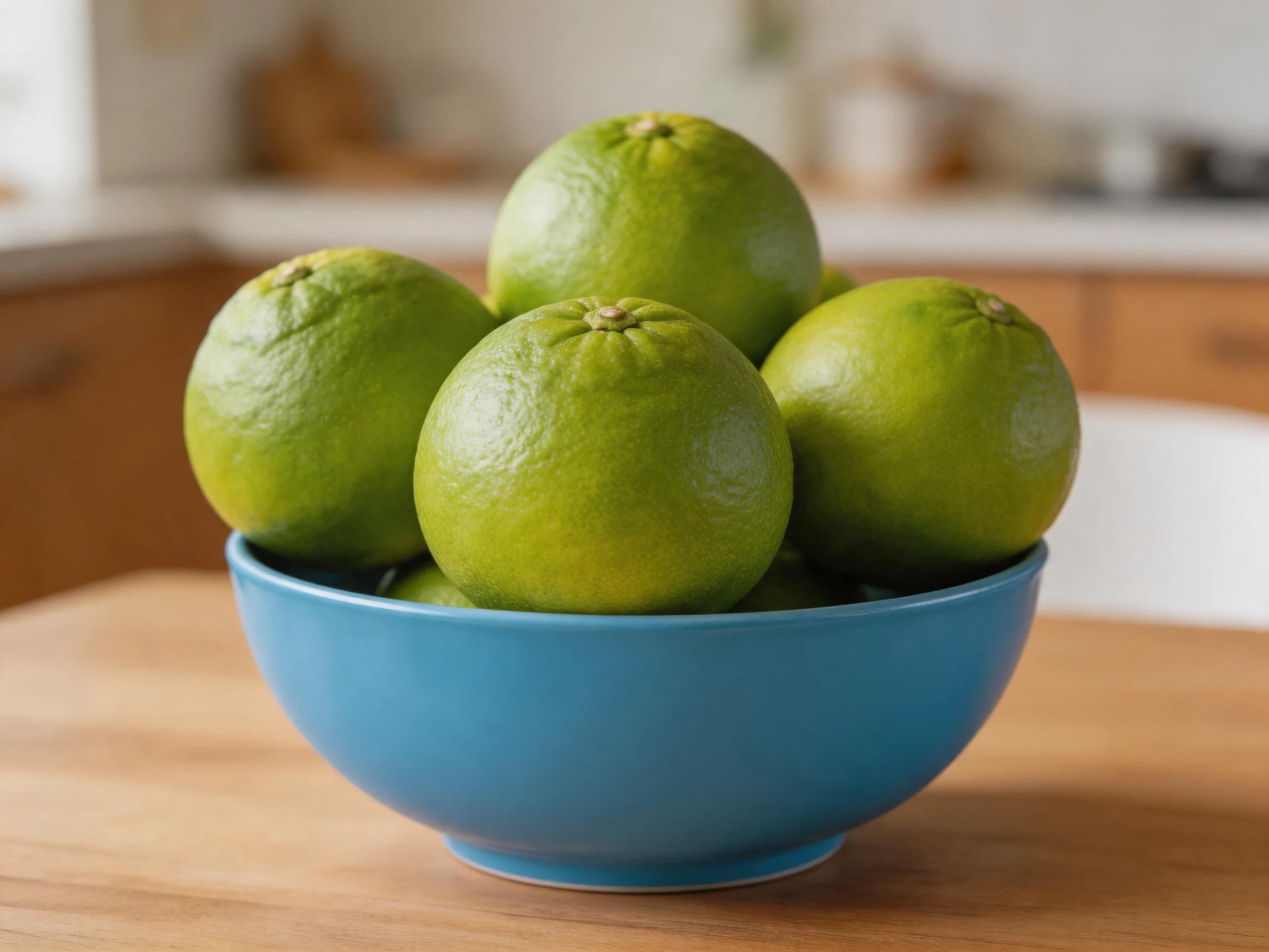 A blue bowl filled with vibrant green limes on a wooden surface