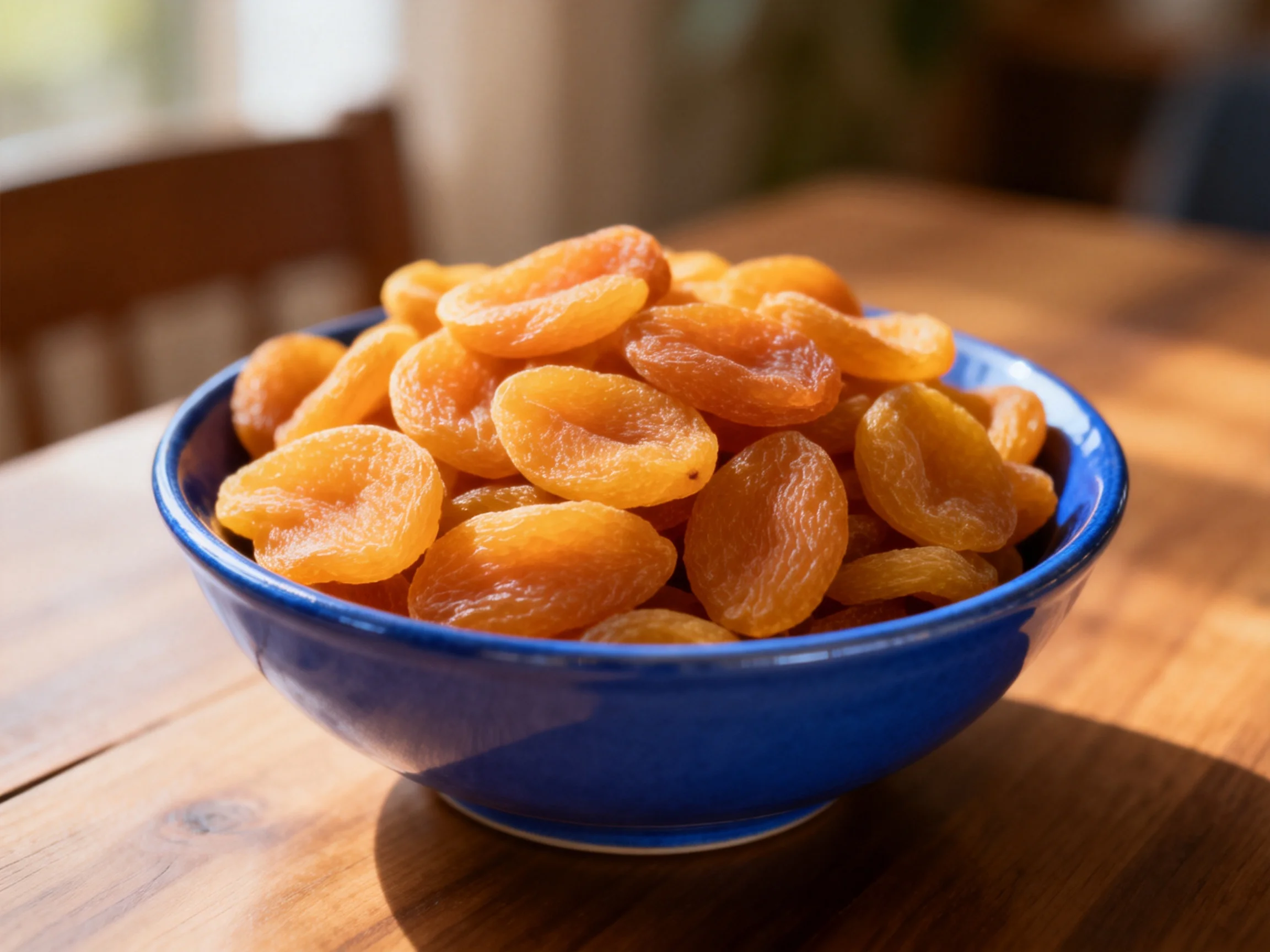 A blue bowl overflowing with golden dried apricots on a wooden table
