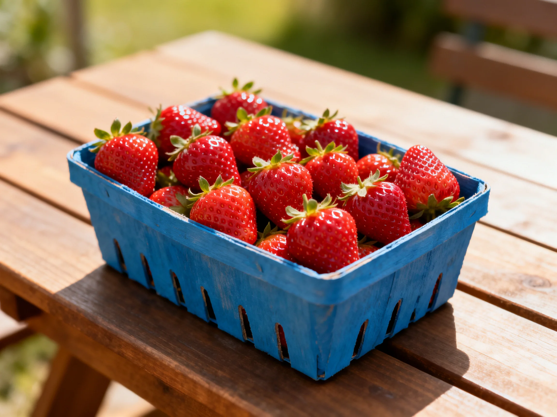 A blue container filled with ripe strawberries sits on a wooden table