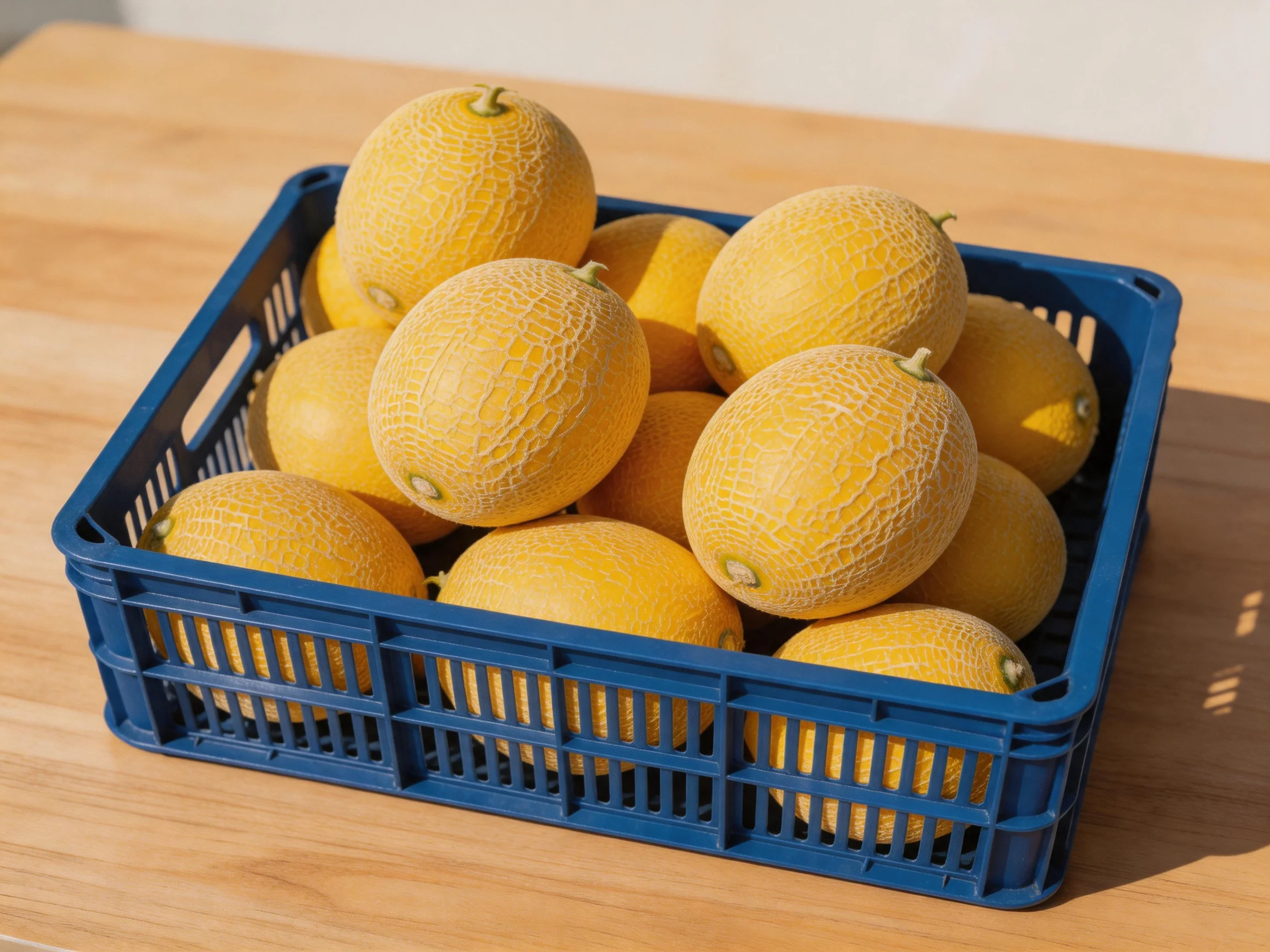 A blue crate holds numerous round yellow melons on a wooden table