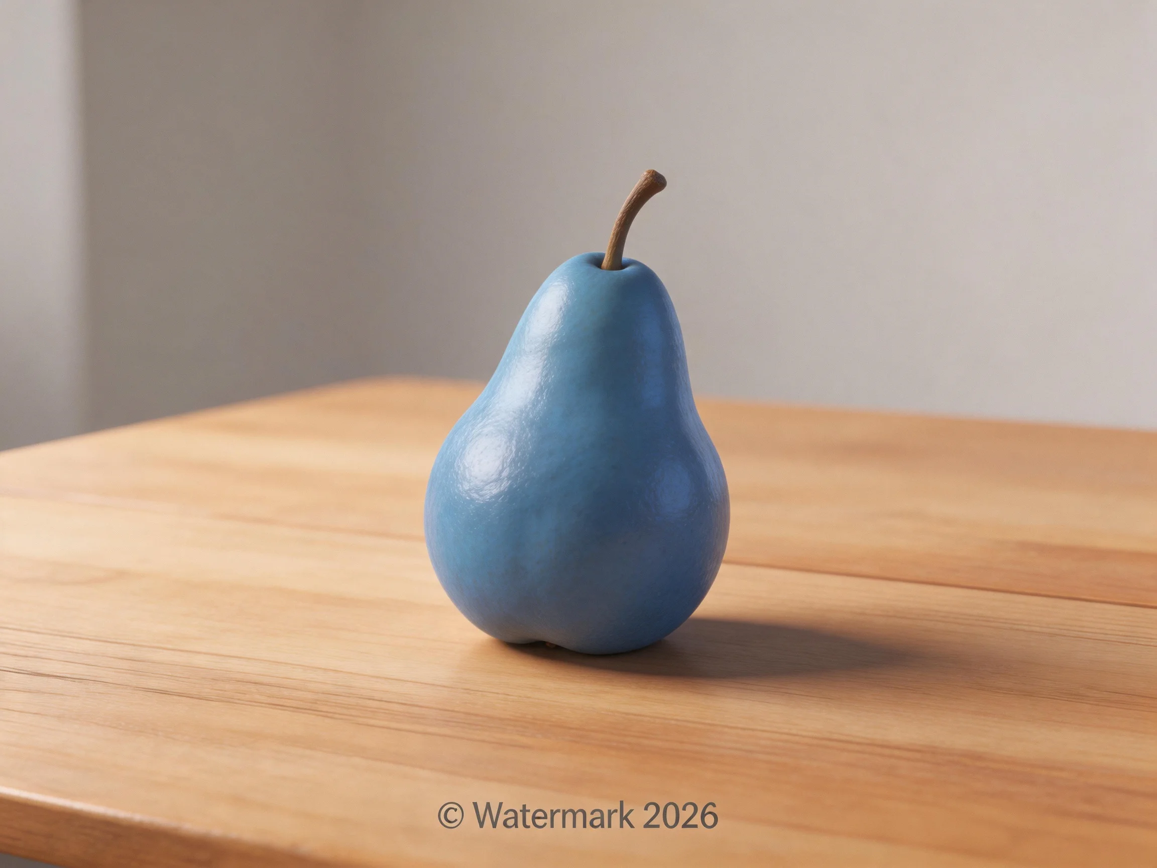 A blue pear - shaped object on a wooden table