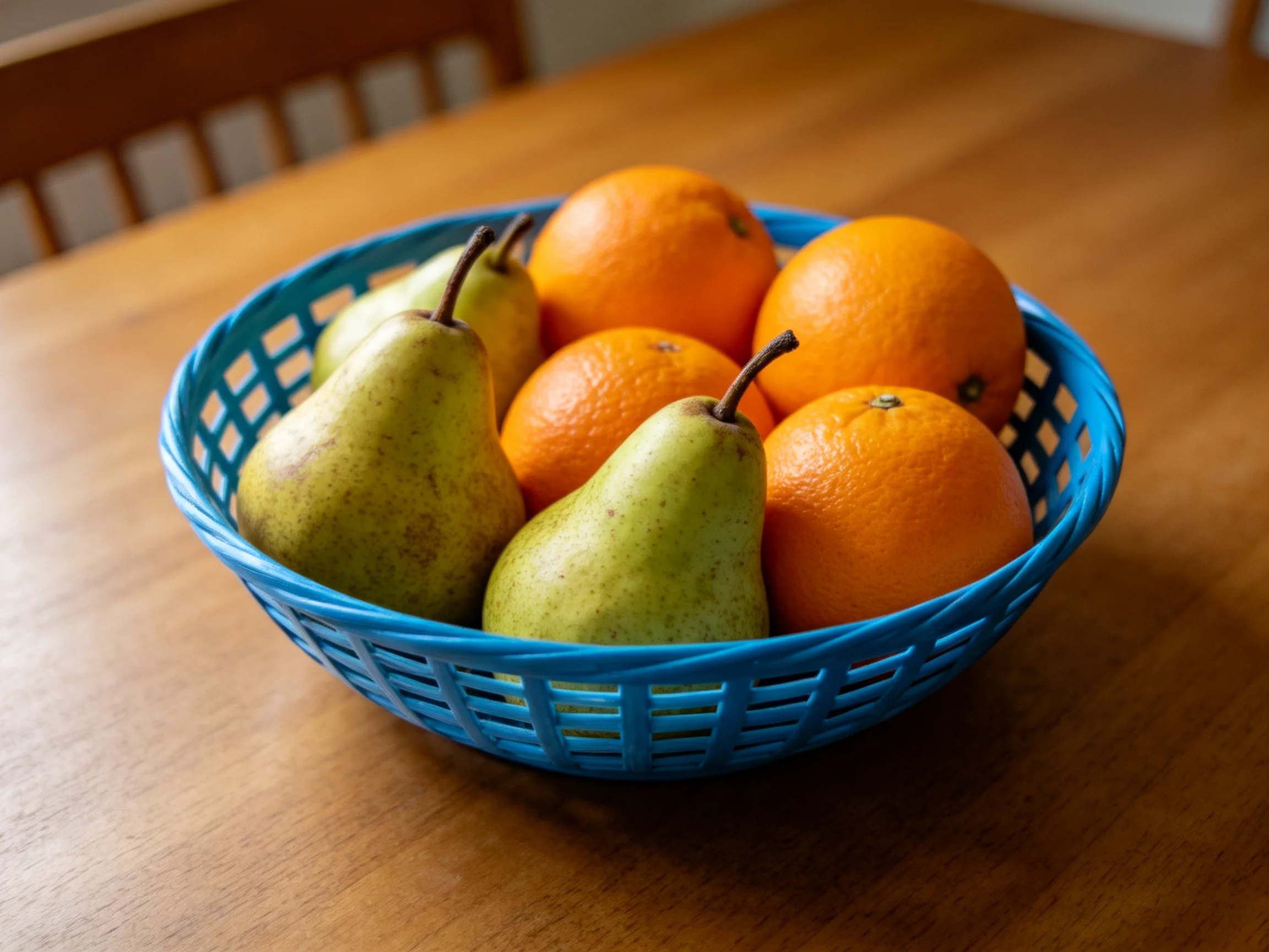 A blue plastic basket with green pears and orange citrus fruits on a wooden table
