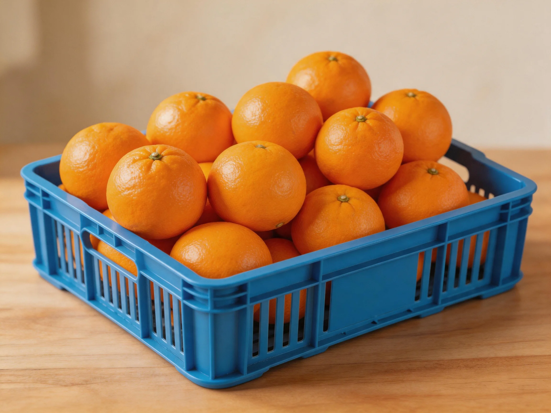 A blue plastic crate packed with numerous bright orange oranges