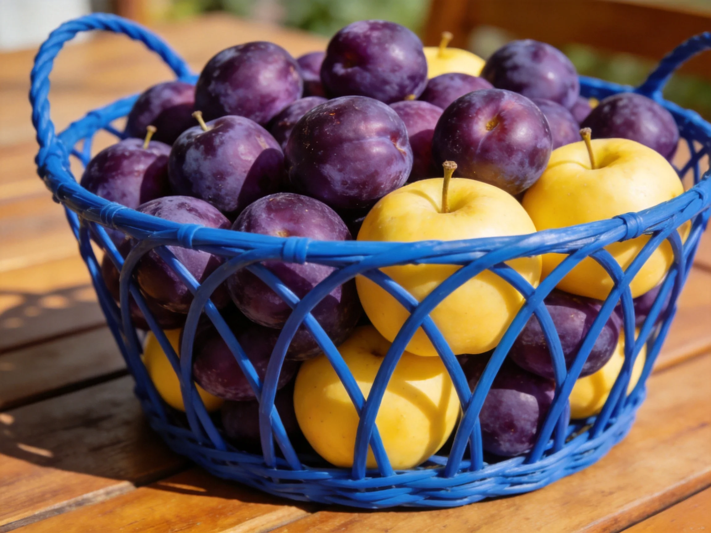 A blue wicker basket filled with purple plums and golden apples