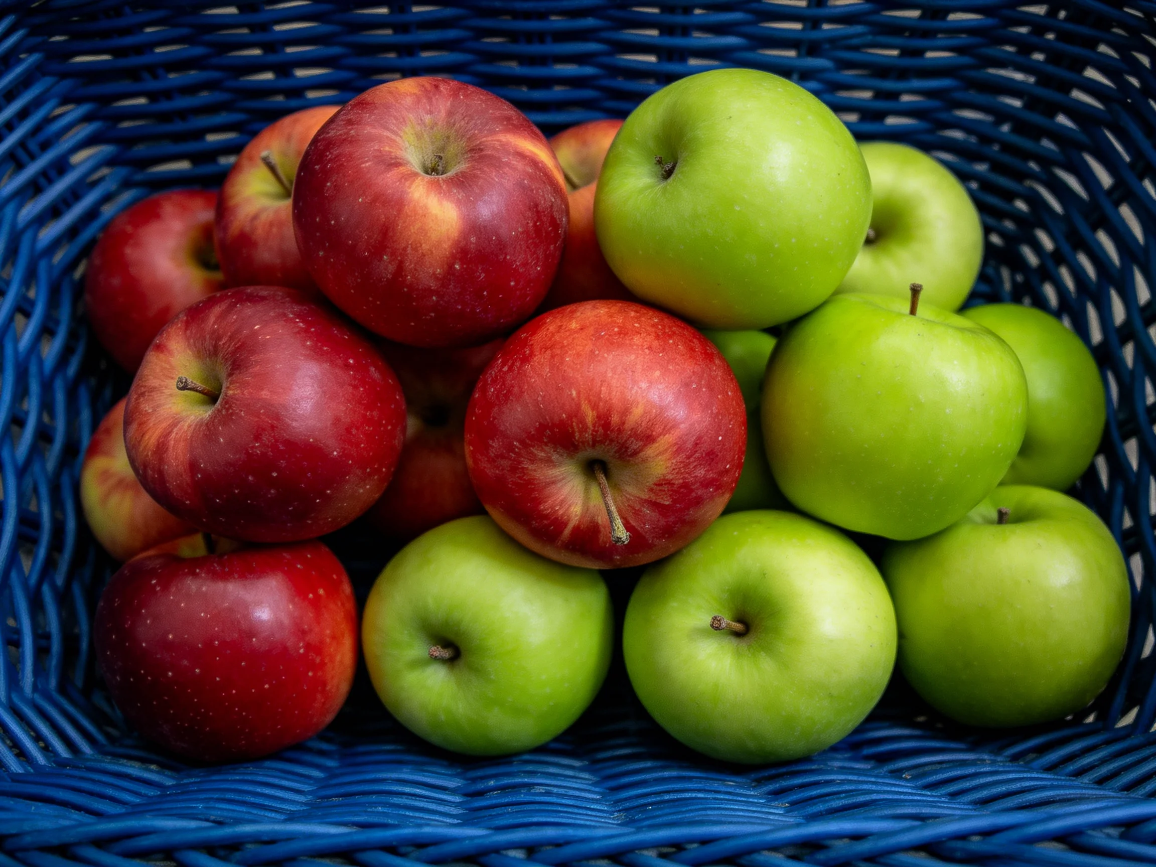A blue wicker basket holds red and green apples
