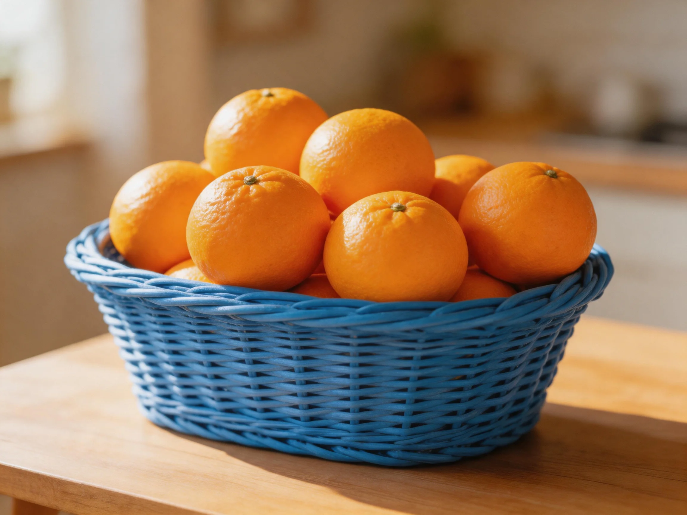 A blue wicker basket overflowing with multiple bright orange citrus fruits
