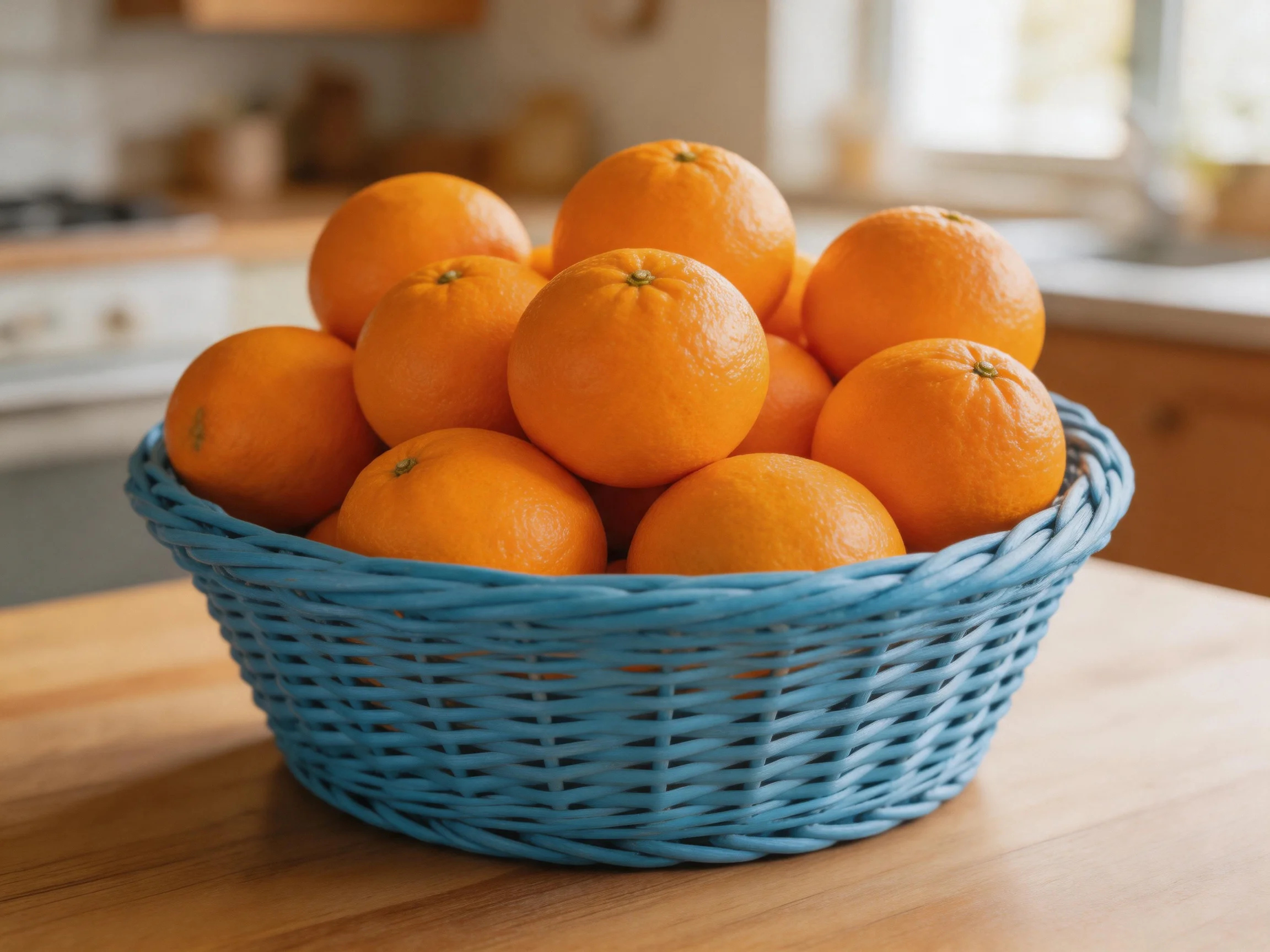 A blue woven basket overflowed with bright oranges on a wooden surface
