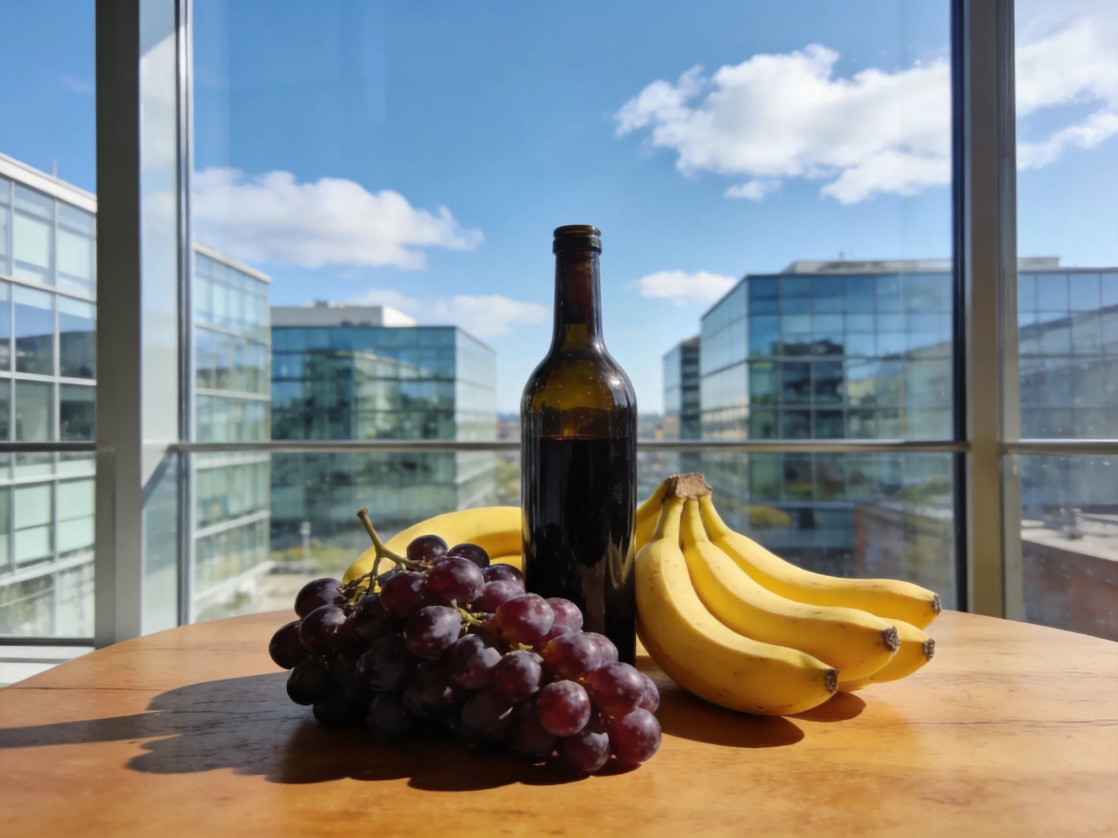A bottle of dark wine beside purple grapes and yellow bananas near glass buildings