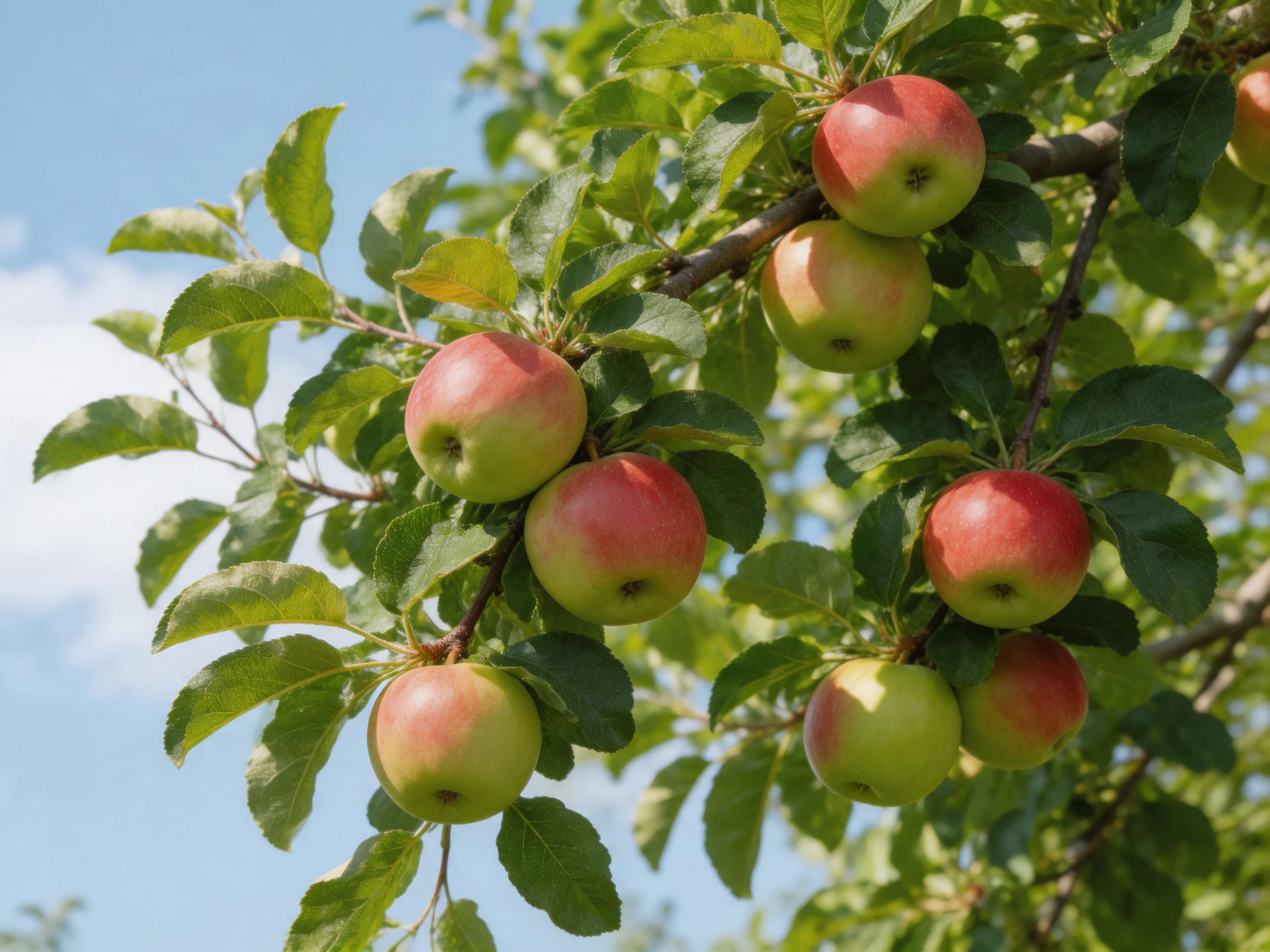 A bountiful apple tree bears red and green apples under bright sky