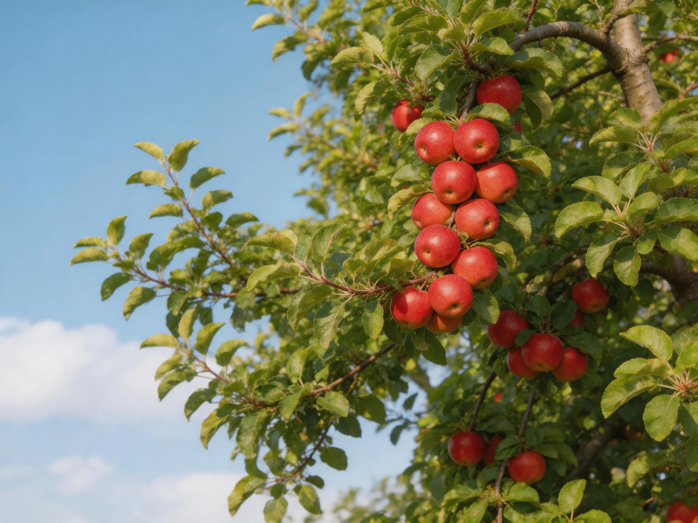 A bountiful apple tree laden with vibrant red fruits against a clear blue sky