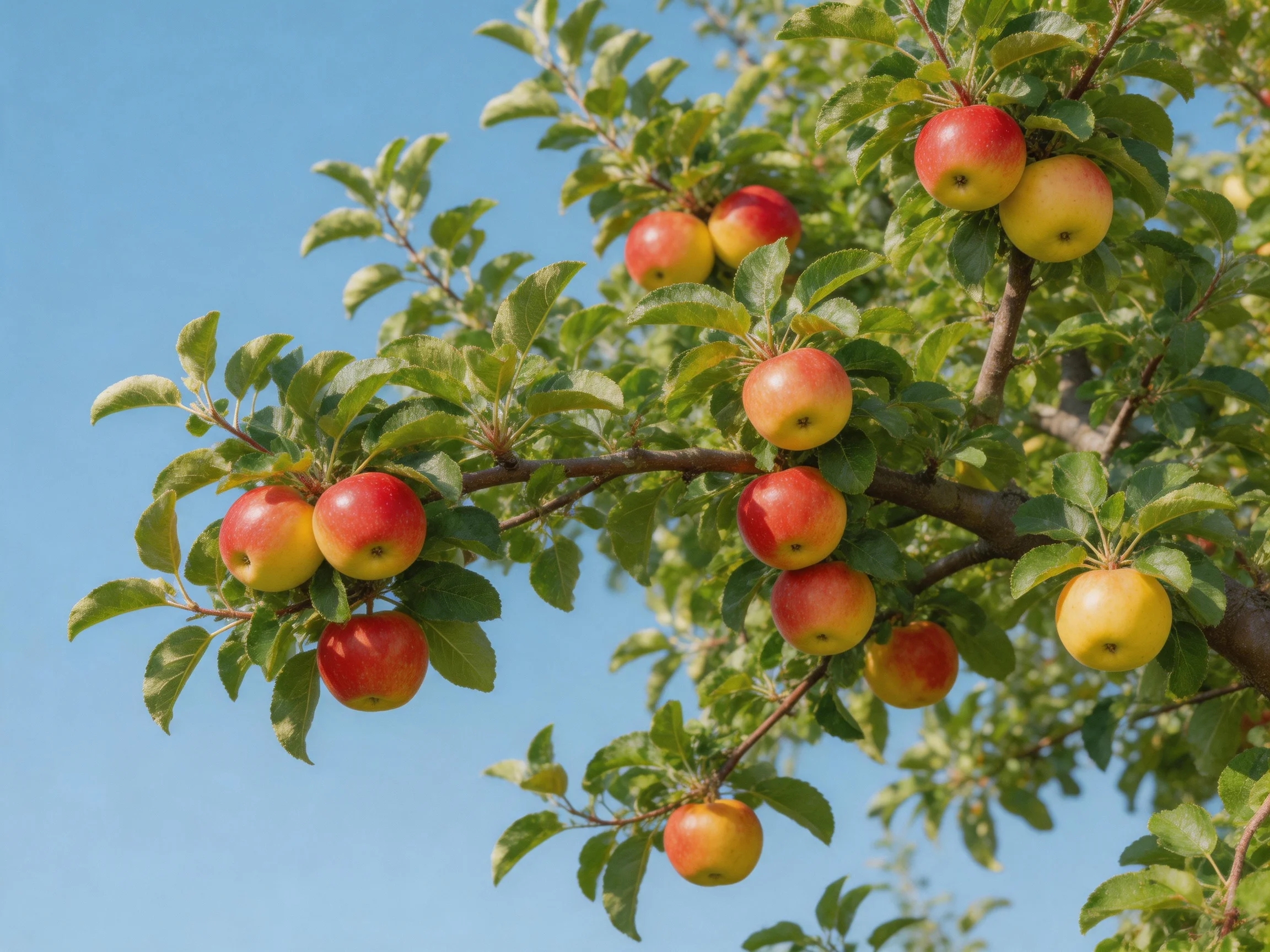 A bountiful apple tree with red and golden fruits on branches