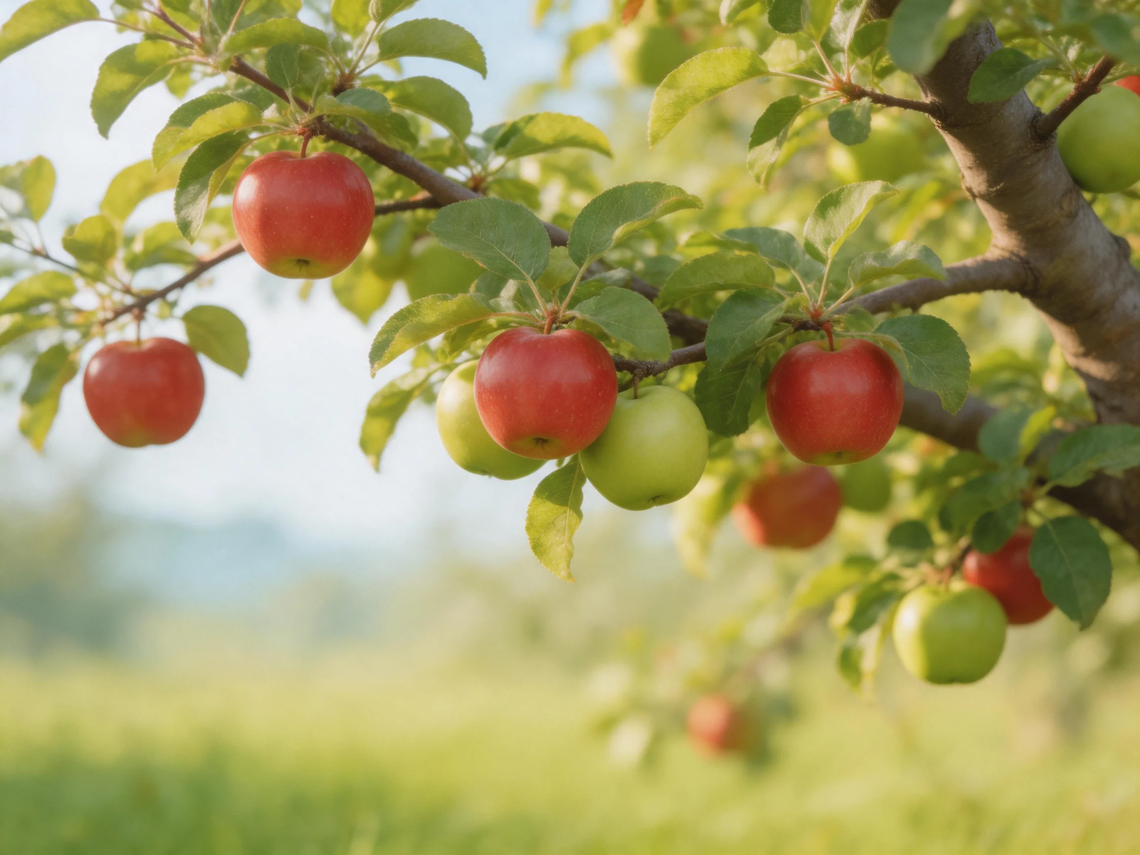 A bountiful apple tree with red and green fruits on its branches