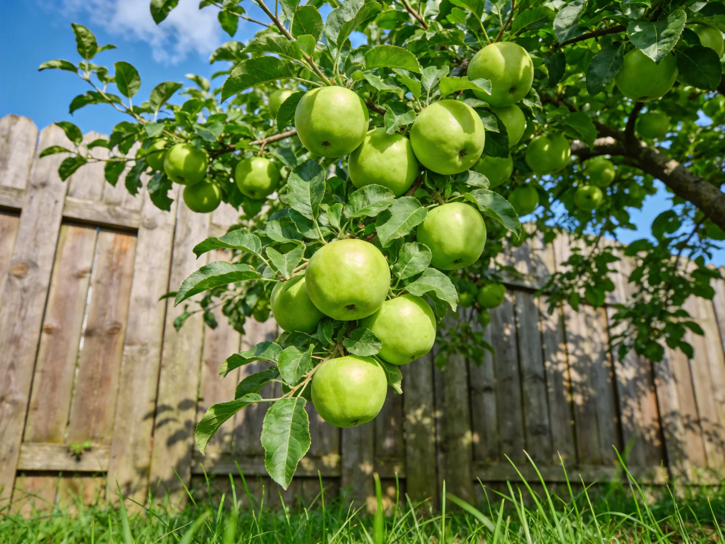 A bountiful apple tree with vibrant green fruits near a weathered wooden fence