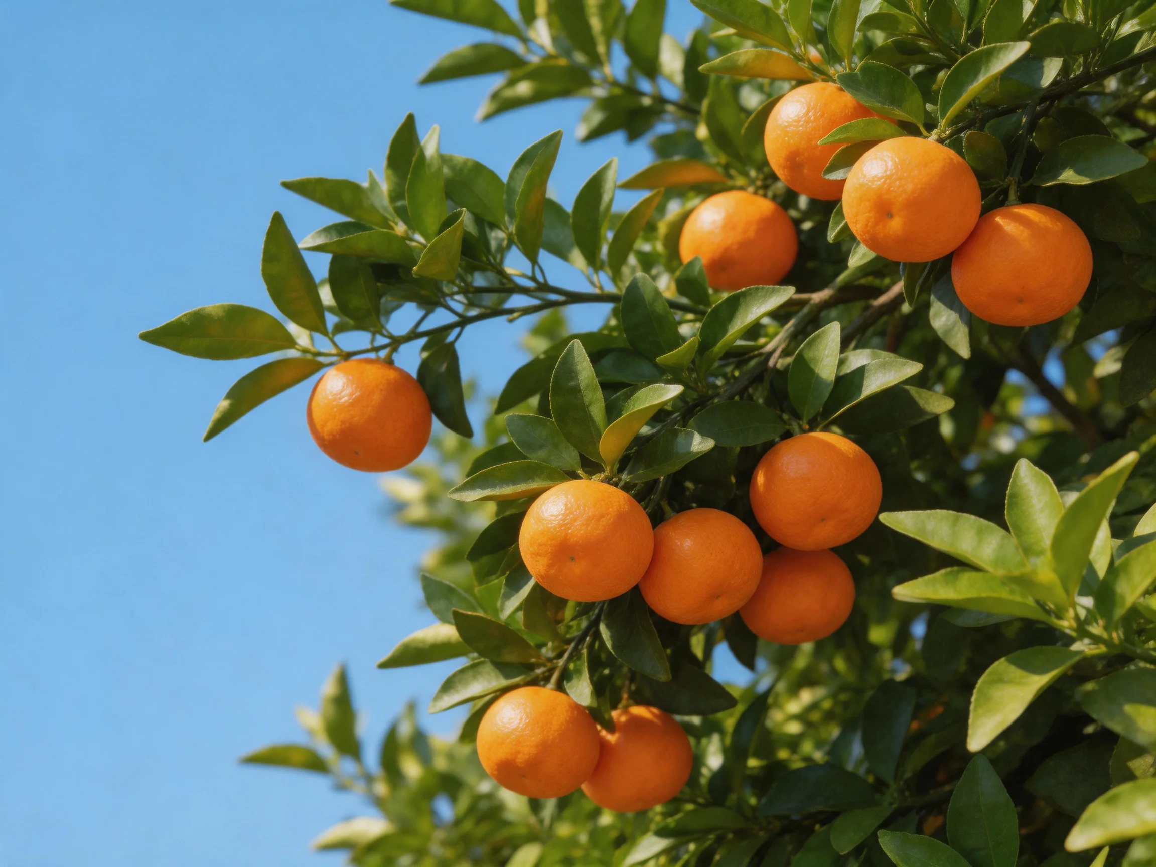 A bountiful orange tree bearing numerous round citrus fruits under a bright blue sky