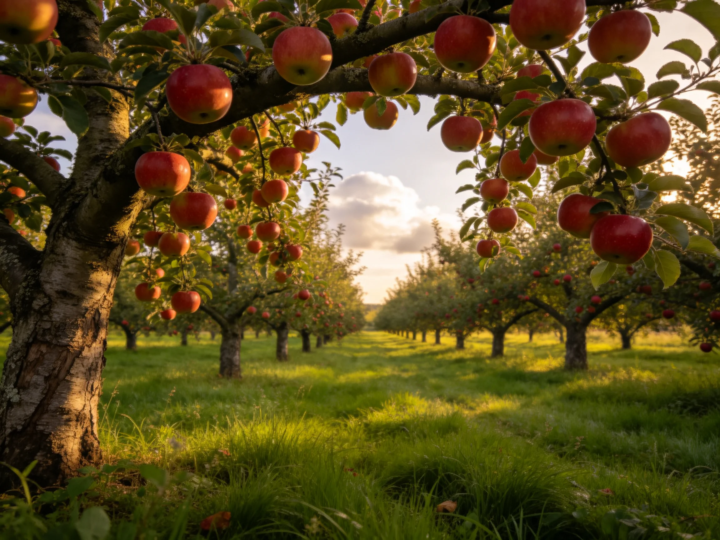 A bountiful orchard with ripe red apples and lush green grass
