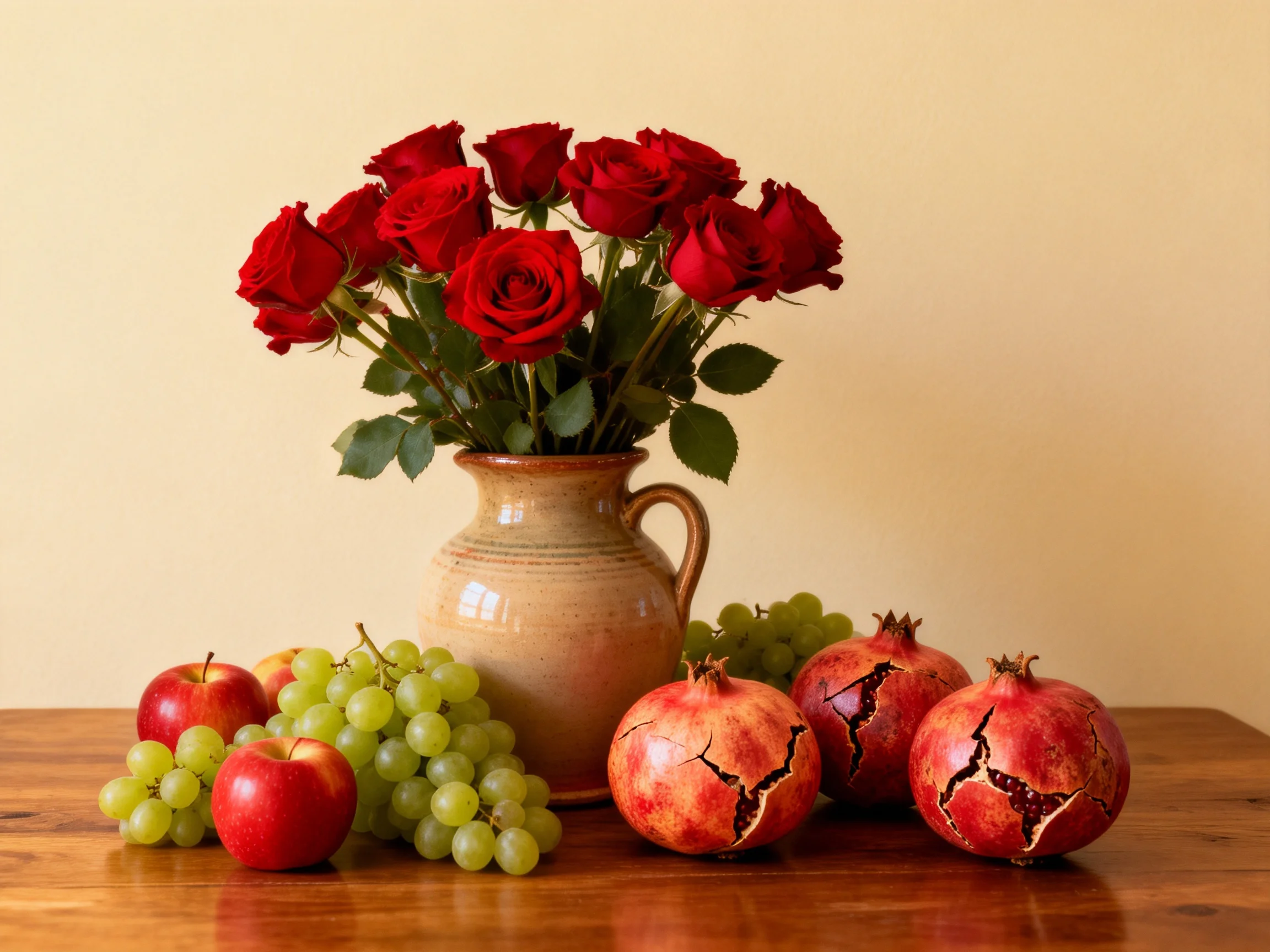 A bouquet of red roses in a beige vase with apples, grapes, and pomegranates