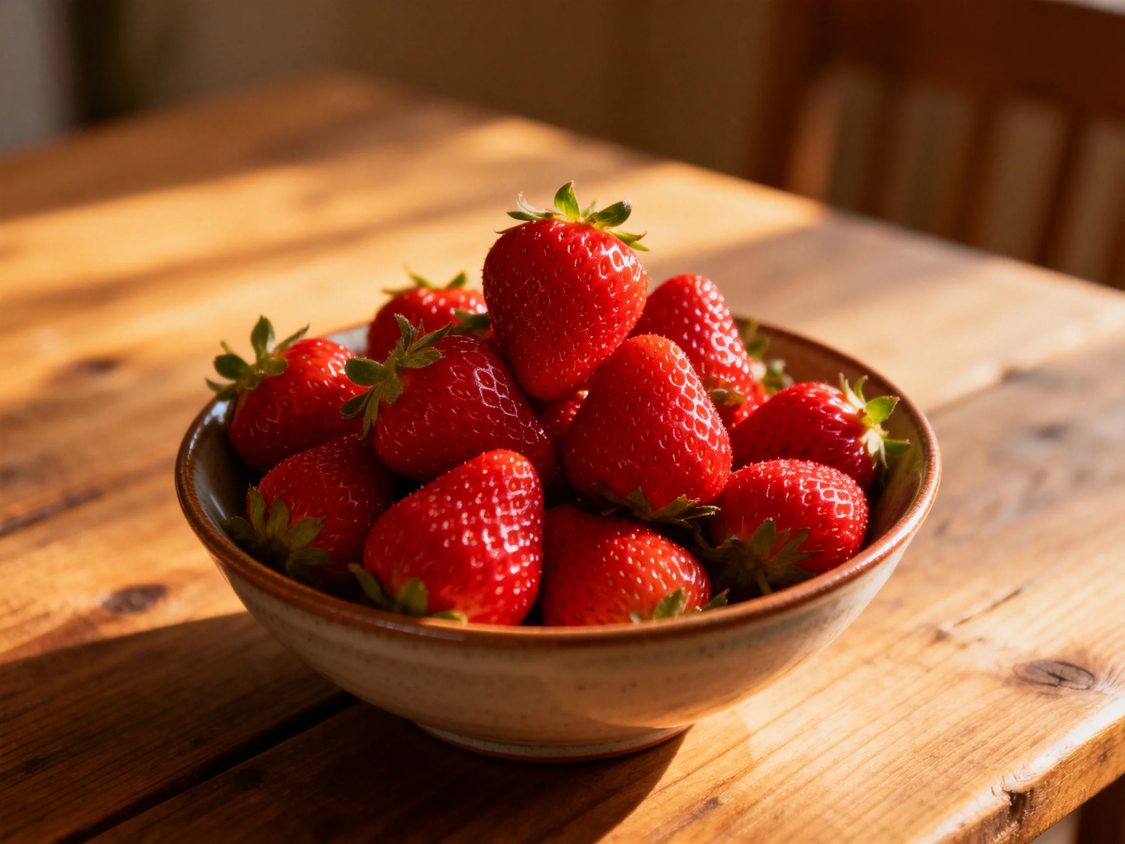 A bowl brimming with bright red strawberries sits atop a wooden table in sunlight.