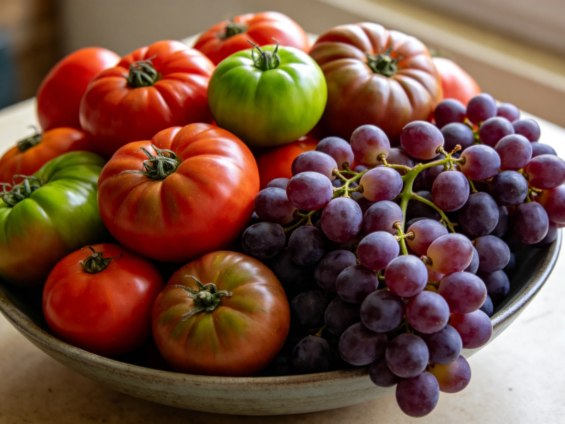 A bowl brimming with colorful heirloom tomatoes and purple grapes