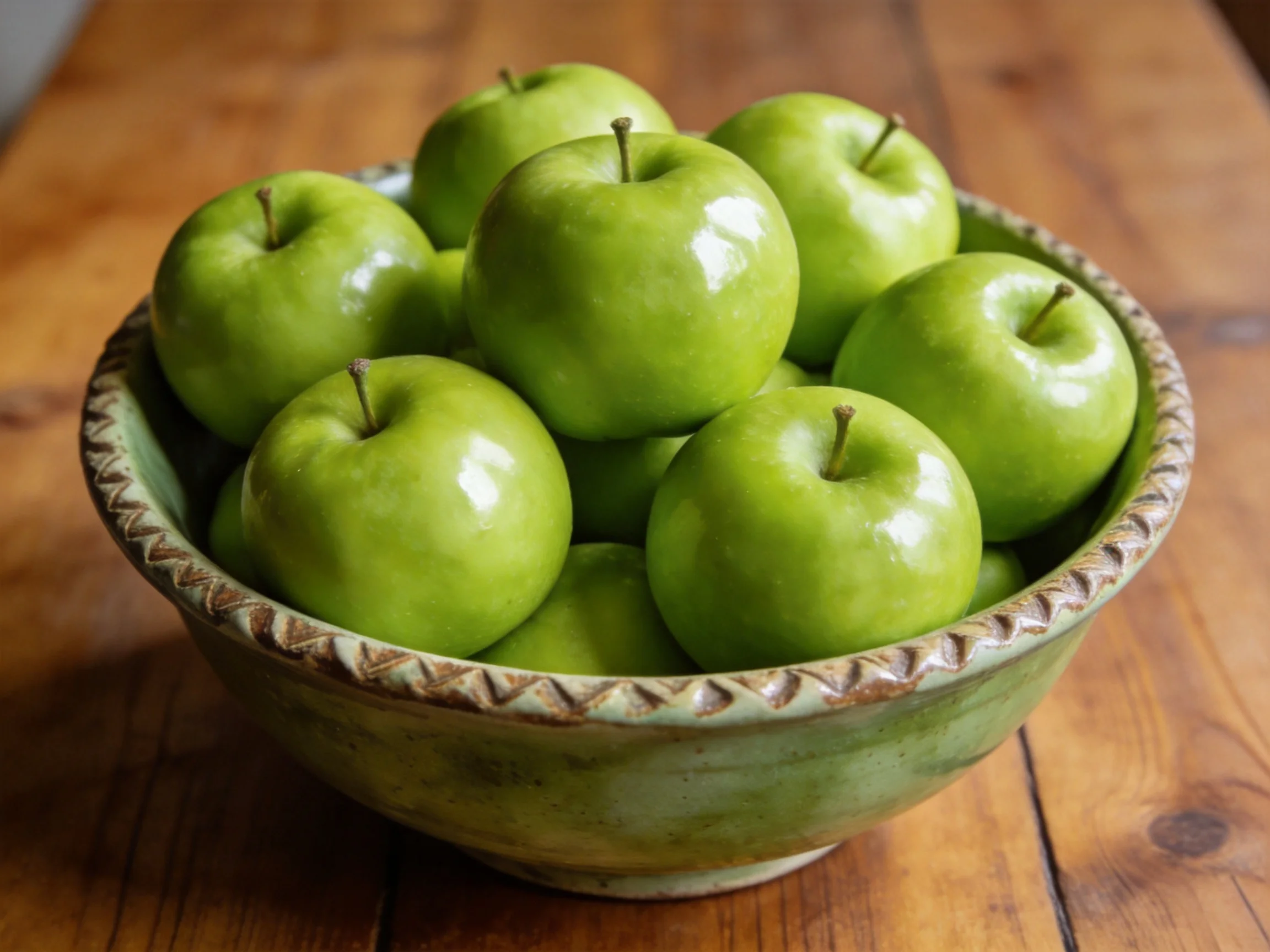 A bowl brimming with glossy green apples on a wooden table