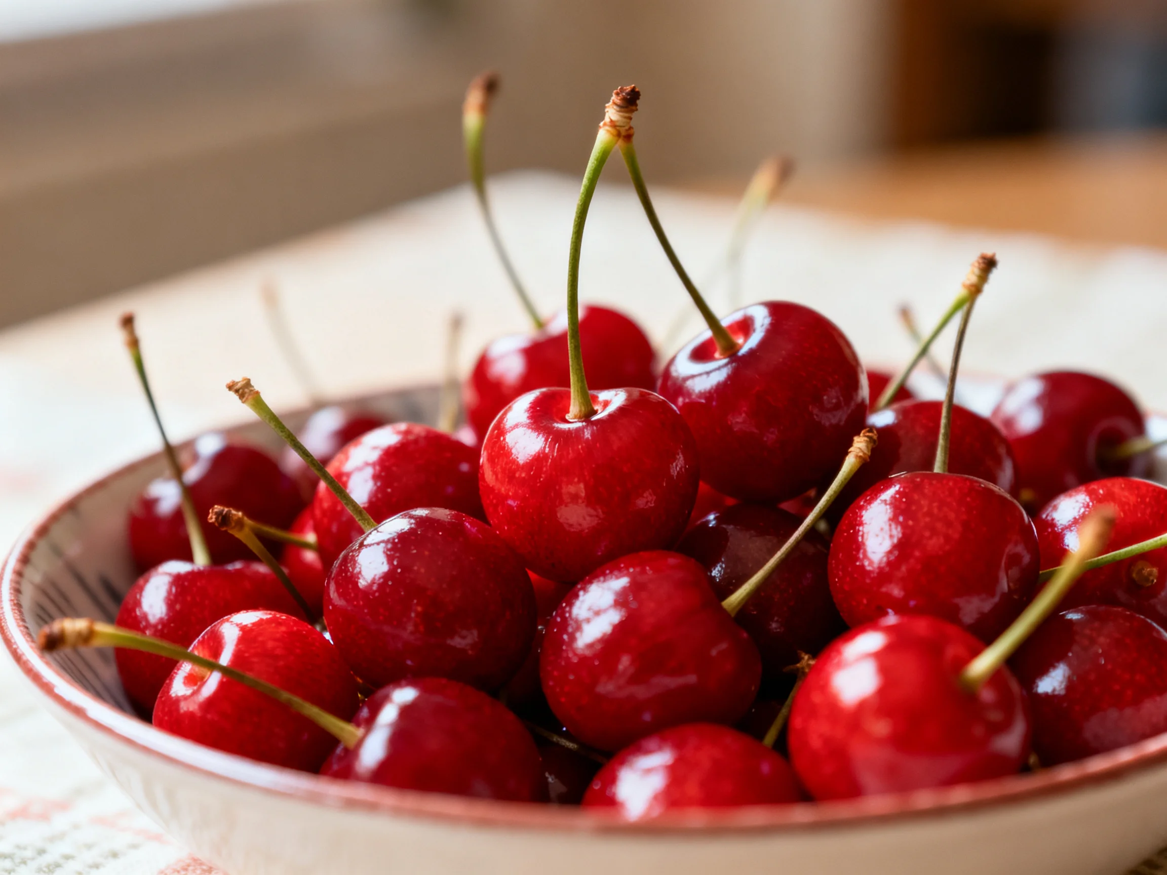 A bowl brimming with glossy red cherries, arranged closely