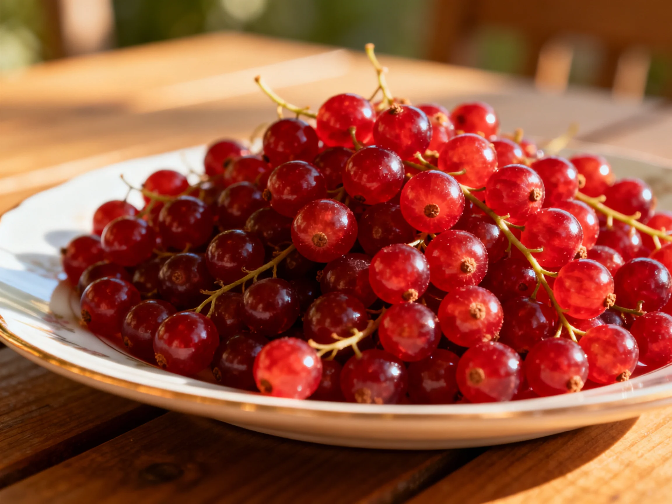 A bowl brimming with glossy red currants on a wooden table