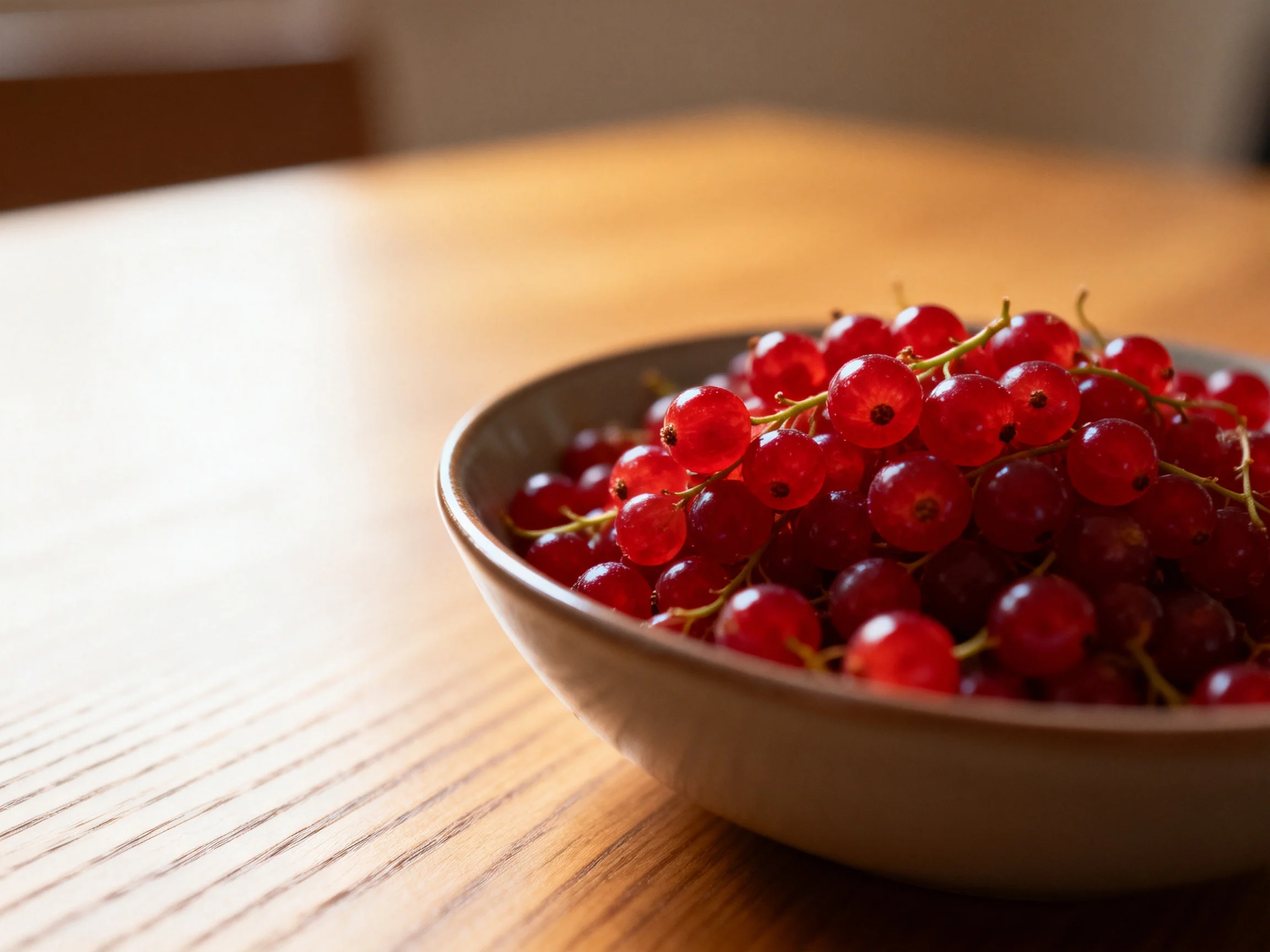 A bowl brimming with glossy red currants sits on a wooden table